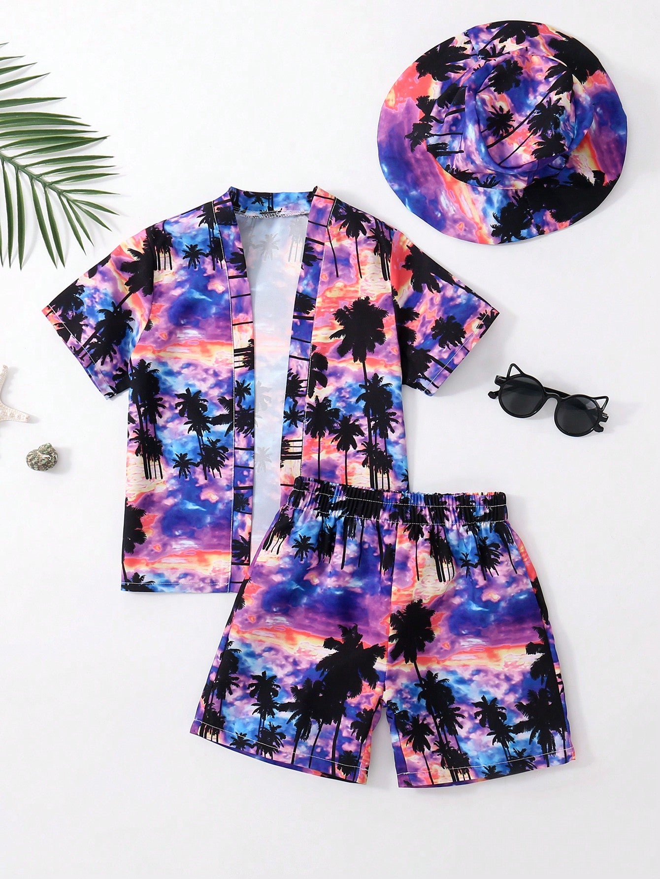 Young Boy Tropical Print Kimono & Swim Shorts & Swim Cap