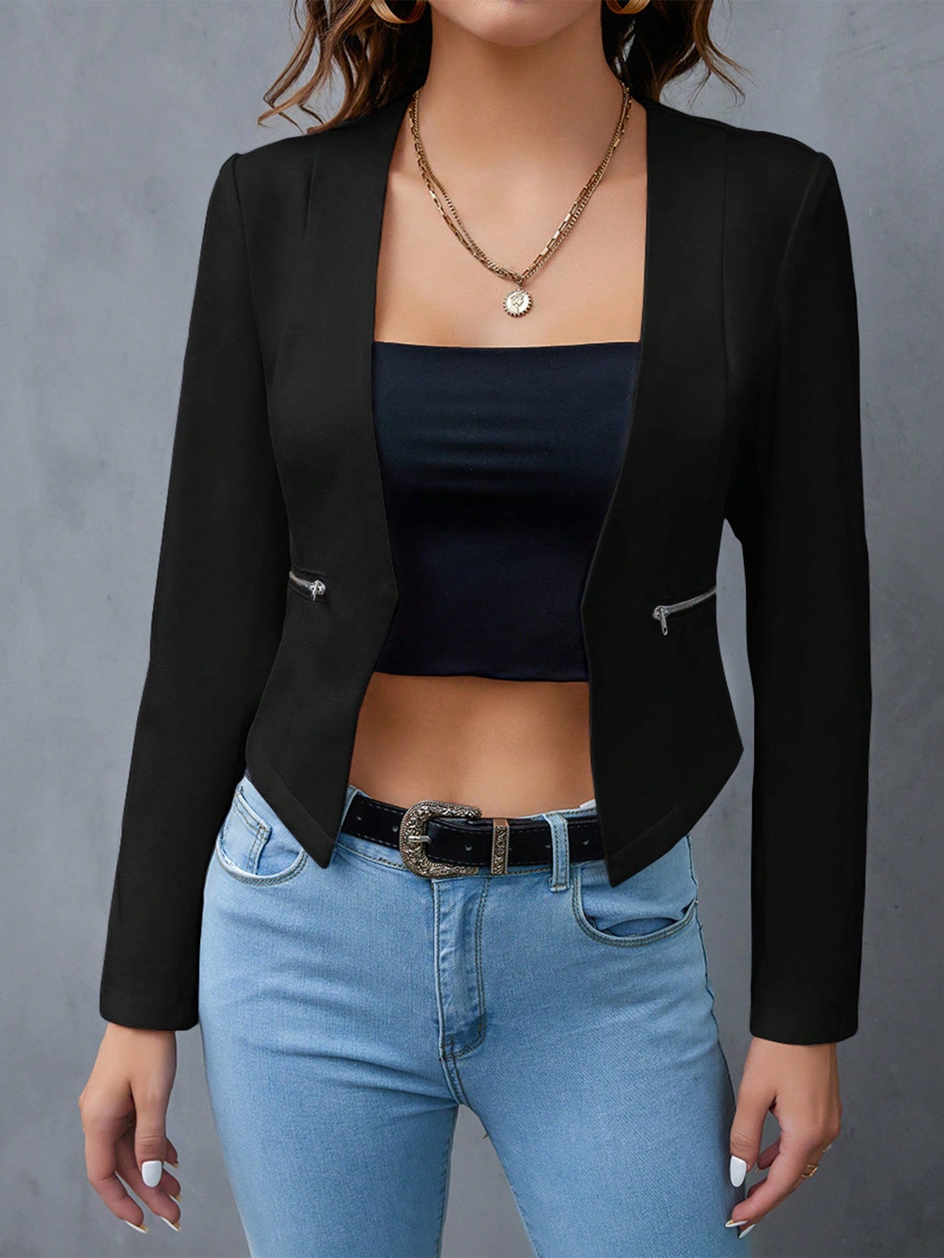 Solid Open Front Work Women Crop Blazer