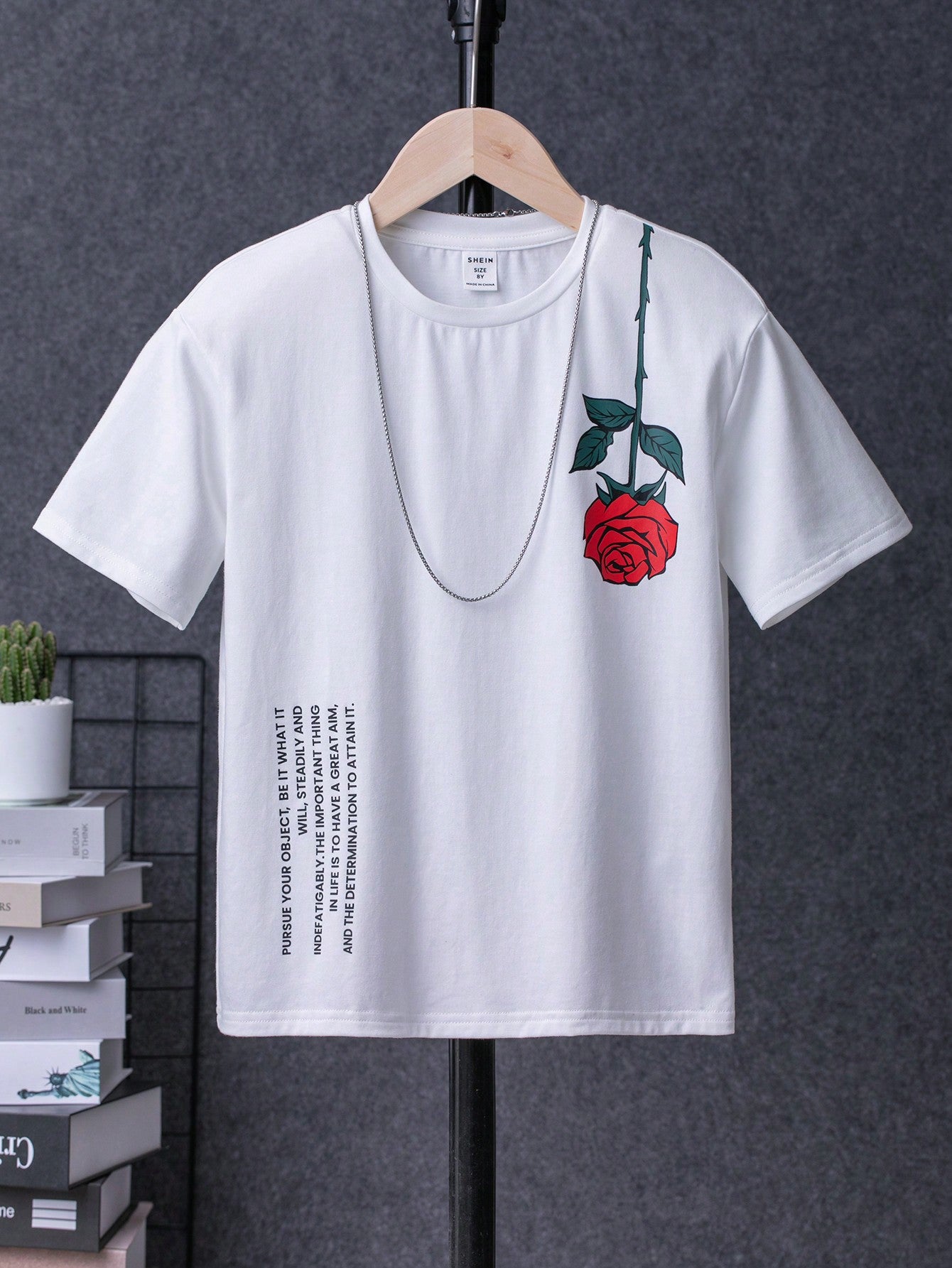 Minimalist Flower & Letter Printed Knit Comfortable Loose Fit Casual T-Shirt For Tween Boys