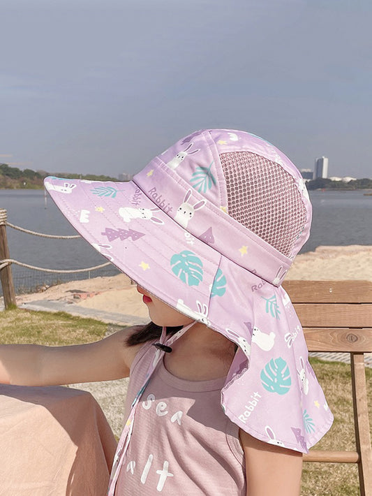 1pc Kids' Sun Protection Shawl Hat, With Adjustable Drawstring, Purple Maple Leaf & Rabbit Cartoon Design, With Whistle, Suitable For Boys And Girls. Whistle Is Randomly Sent. The Hat Has A Large Brim To Provide Necessary Sun Protection For Outdoor Activi