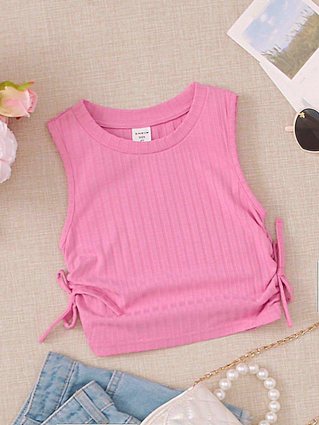 Solid Color Casual Round Neck Tank Top With Pleated Hem And Side Knot Detail For Young Girls