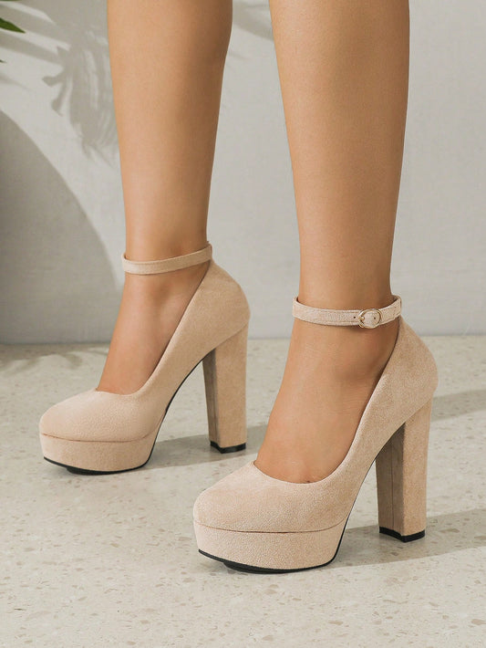 Women Chunky Heeled Ankle Strap Pumps, Elegant Outdoor Faux Suede Pumps