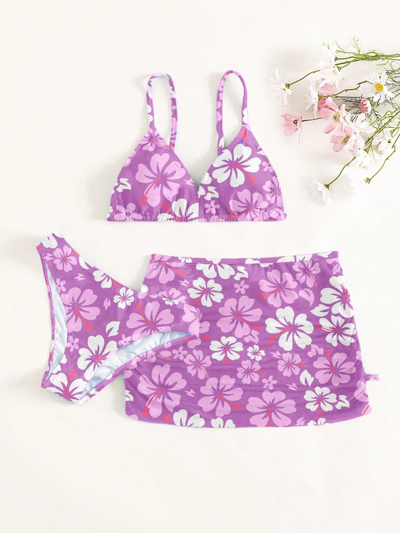 Tween Girl Floral Print Bikini Set & Ruched Beach Skirt Summer Beach