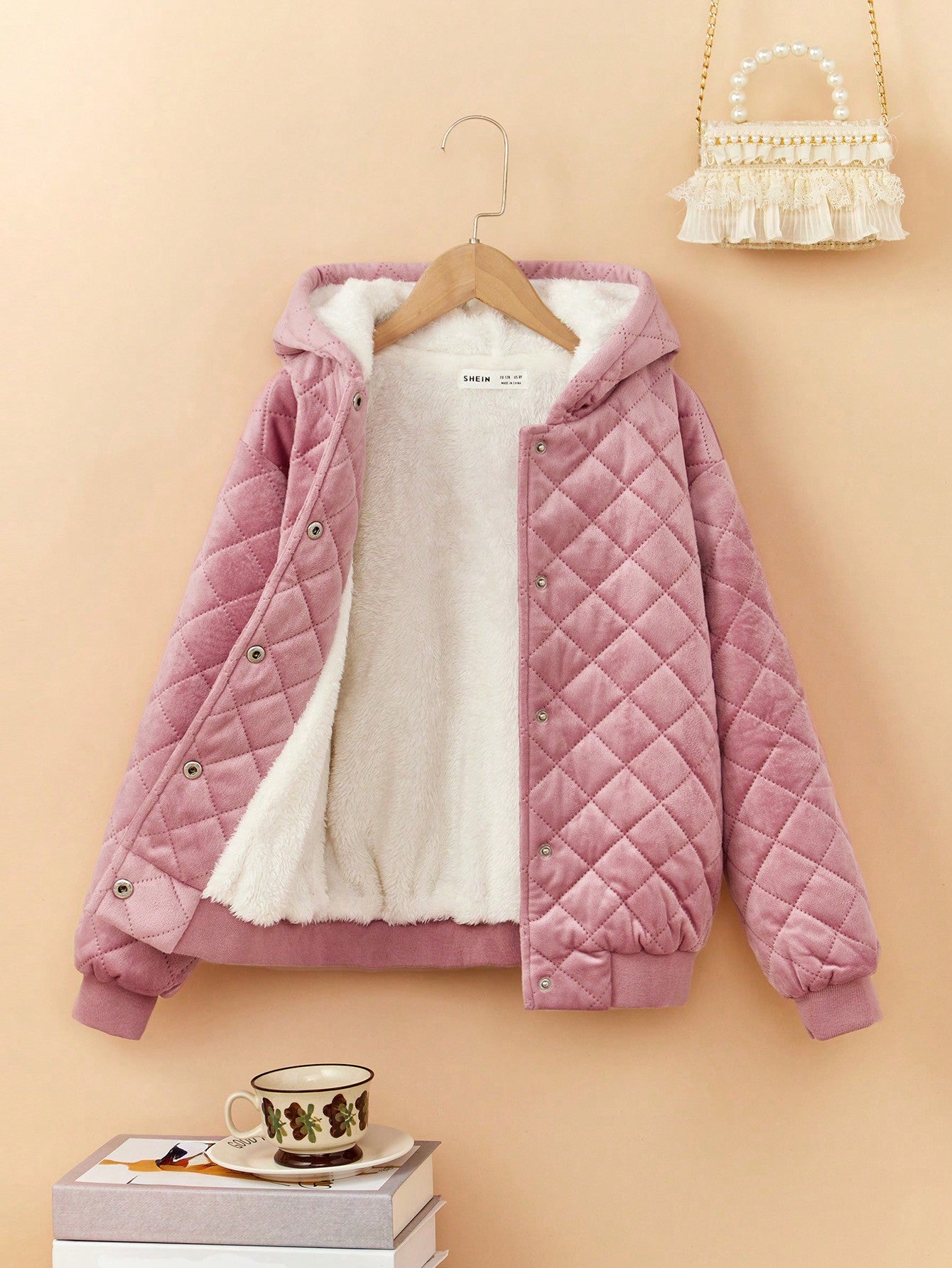 Tween Girls' Woven Solid Color Short Plush Padded Hooded Casual Jacket