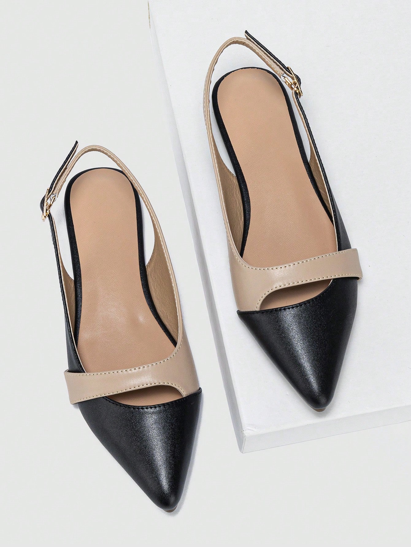 Parisian Style Retro Color Block Pointed Toe Flat Shoes With Backless Design, Ideal For Women To Match With Skirts In Summer