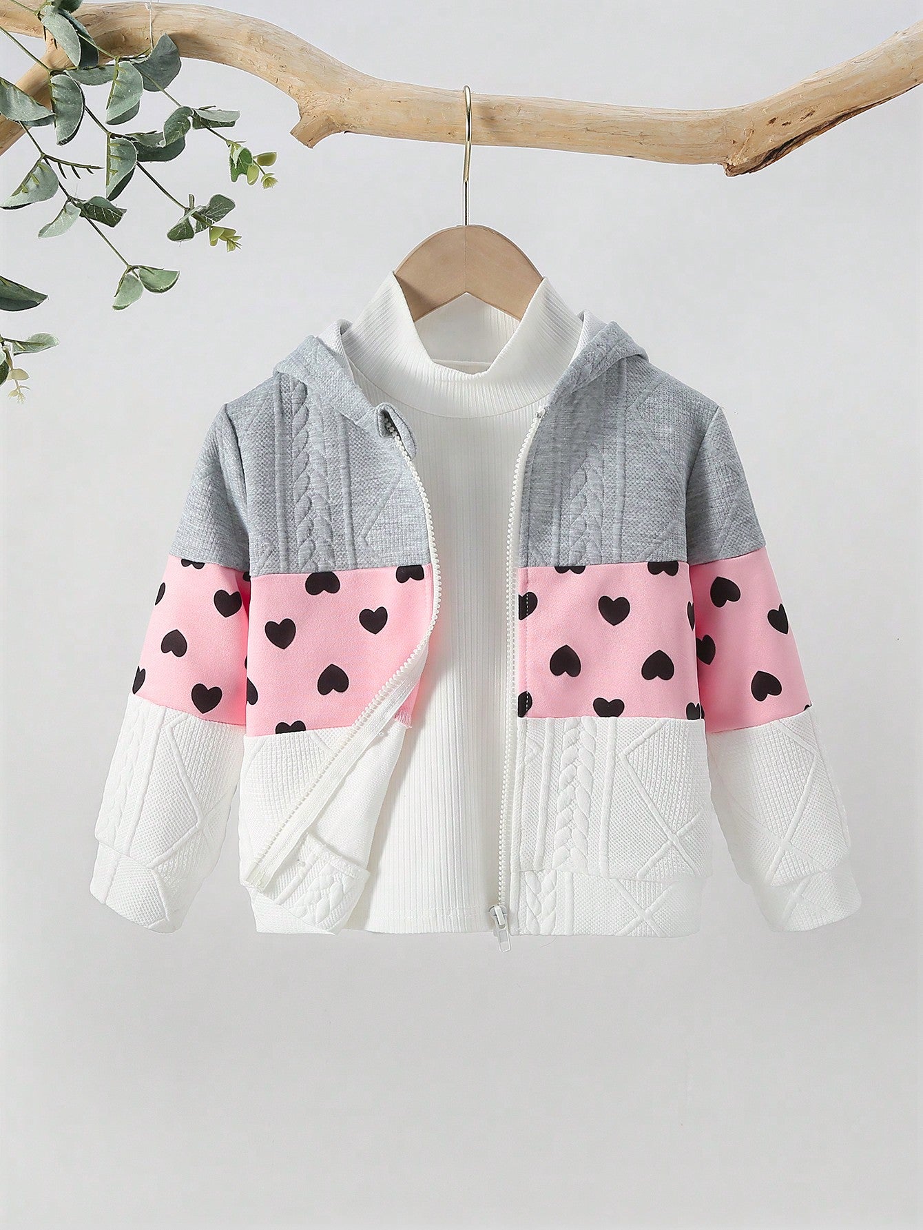 Young Girl Heart Print Colorblock Zip Up Hoodie Without Sweater