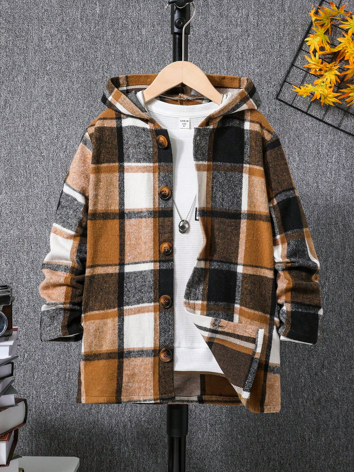 Tween Boy Plaid Print Hooded Coat Without Tee