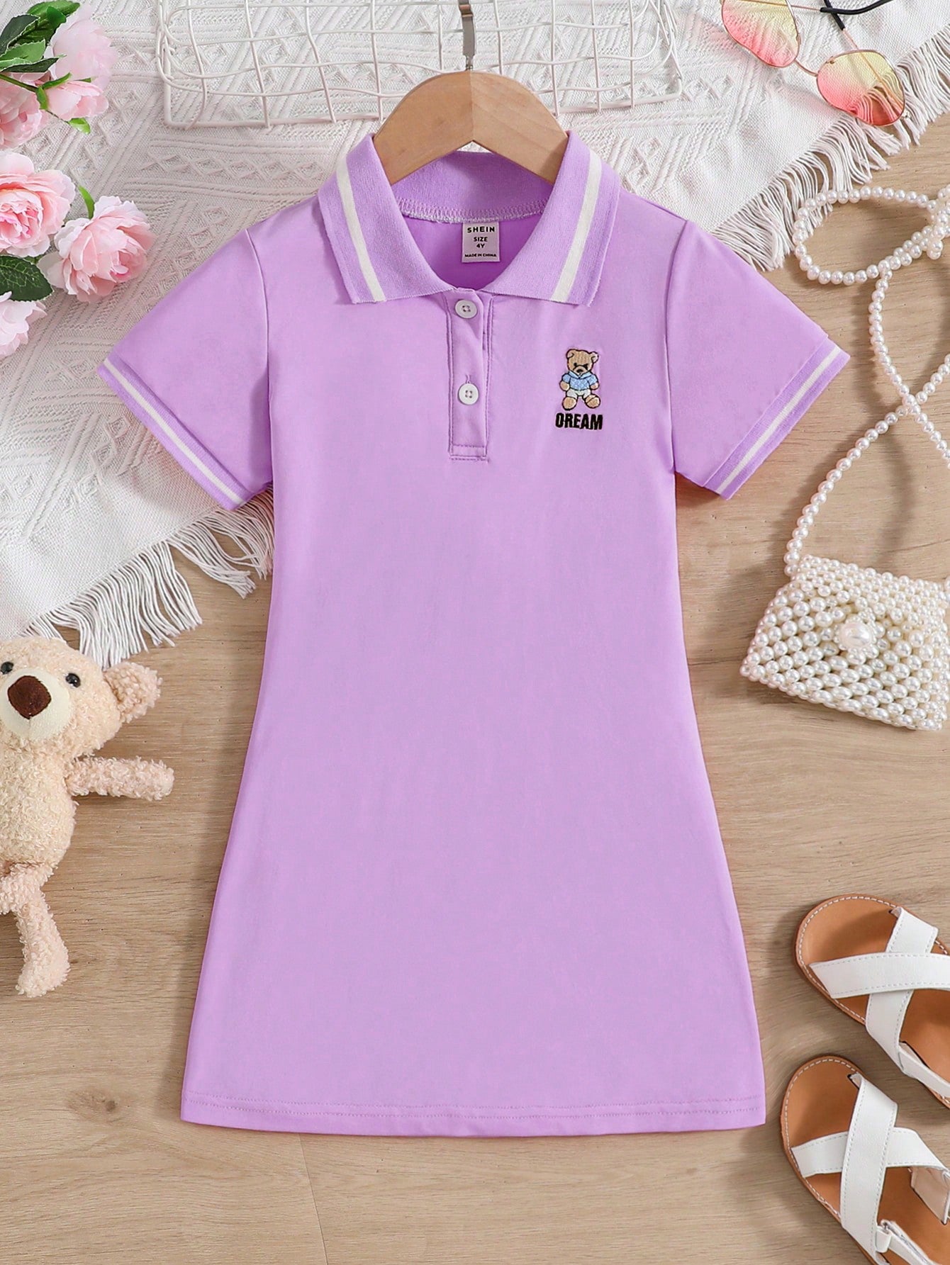 Young Girl Bear Embroidery Contrast Trim Polo Neck Tee Dress