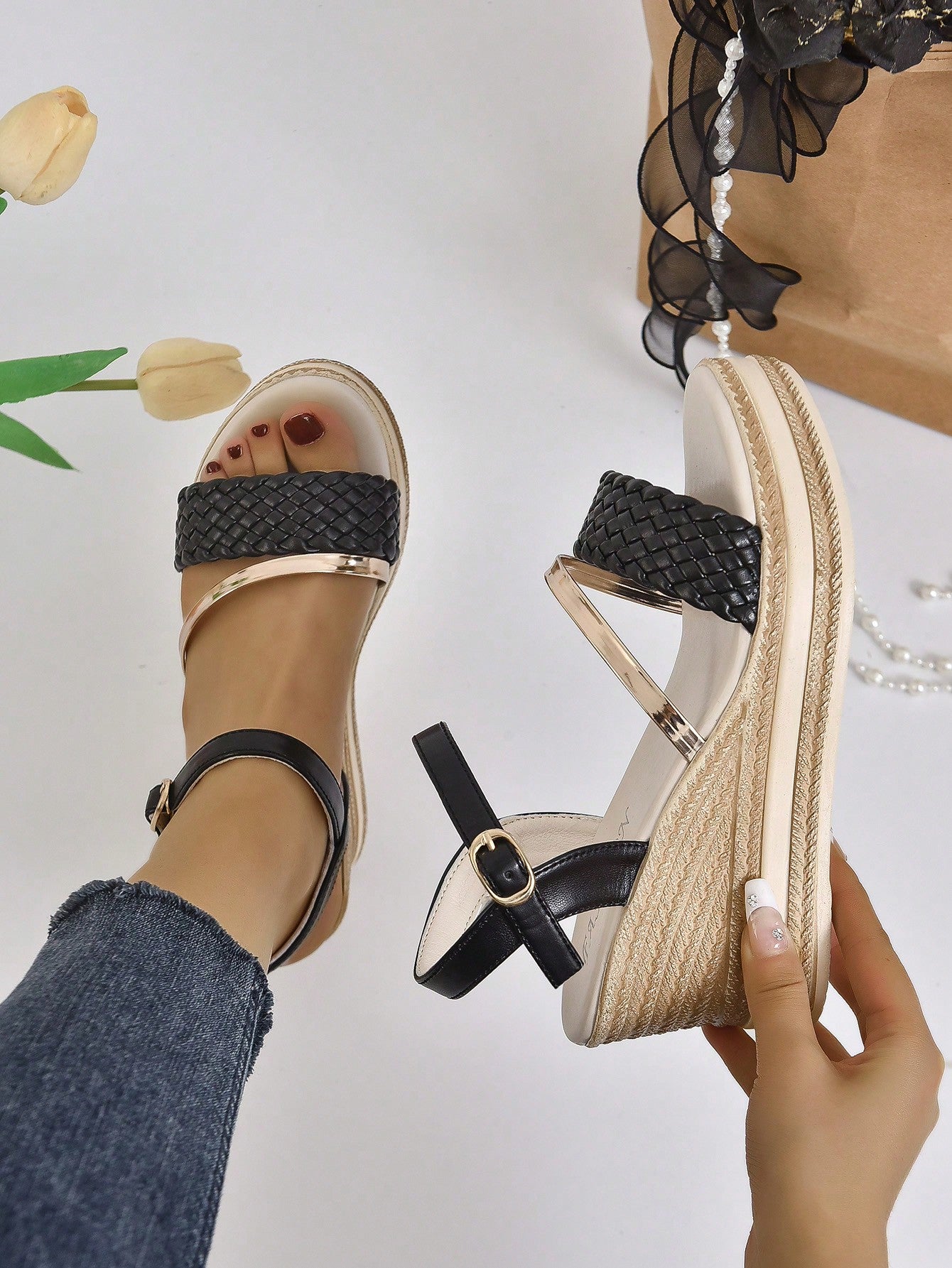 Women Metallic Buckle Decor Wedge Sandals, Glamorous Outdoor Ankle Strap Sandals