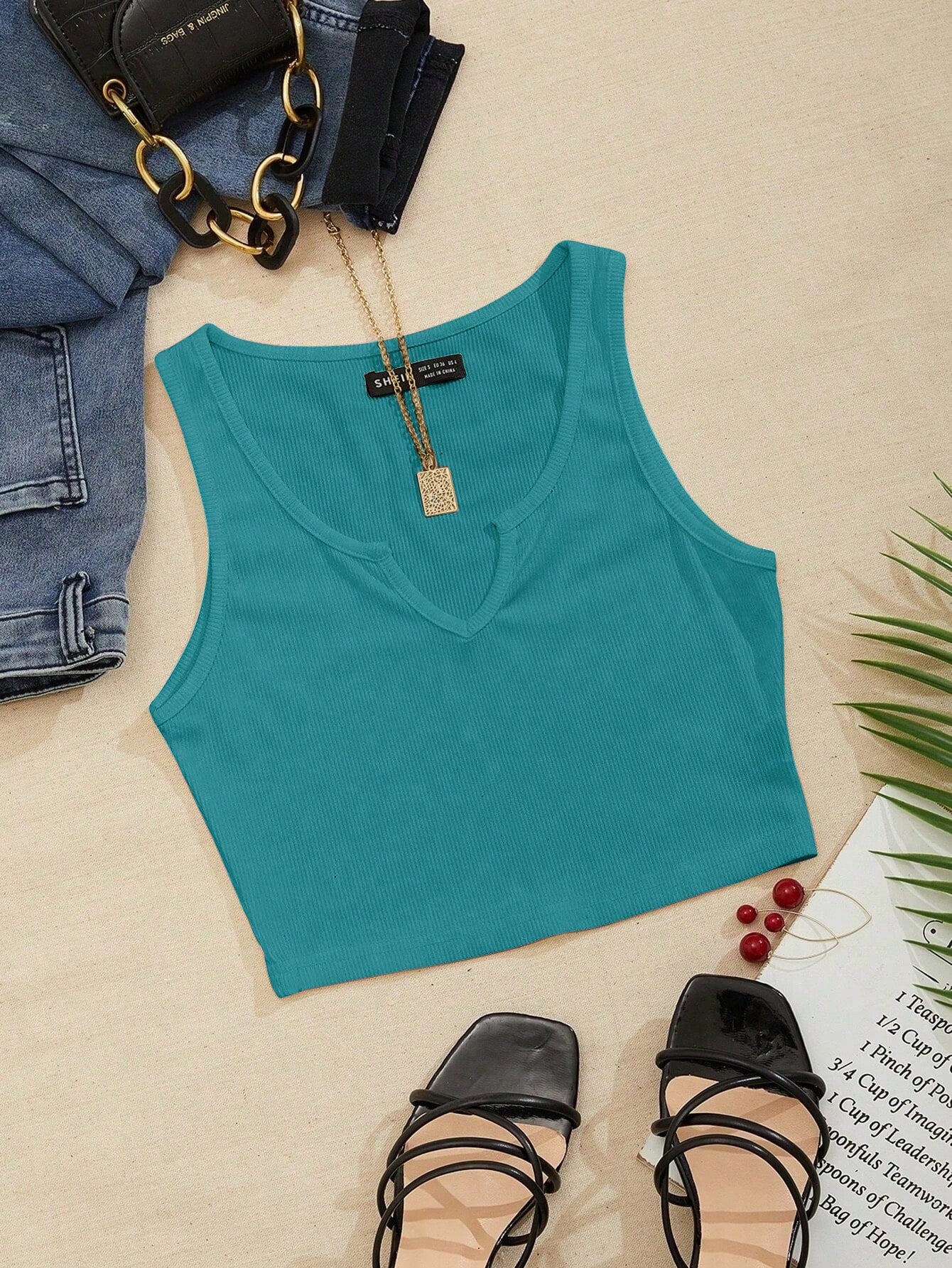 Notched Neck Ribbed Knit Tank Top