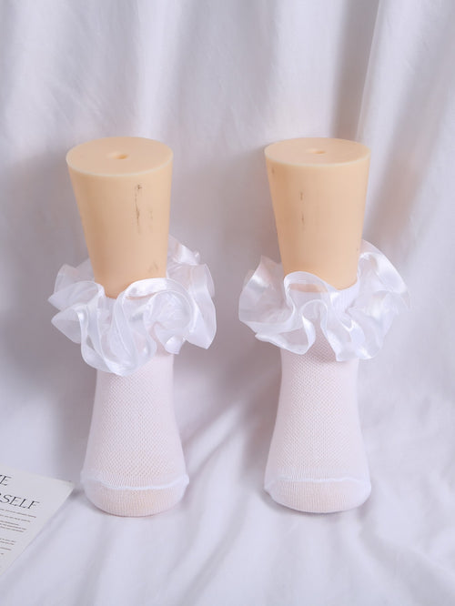 1pair Girls' Plain Satin Lace Princess Dance Short Socks, Fit For Seasons, Medium And Large Children