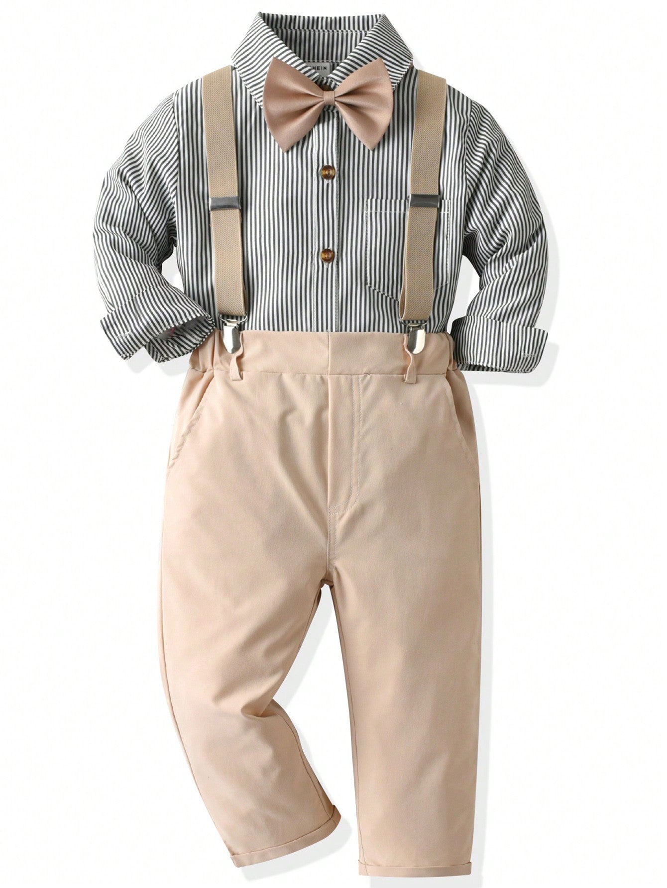 Young Boy Striped Bow Front Shirt & Pinafore Pants Set