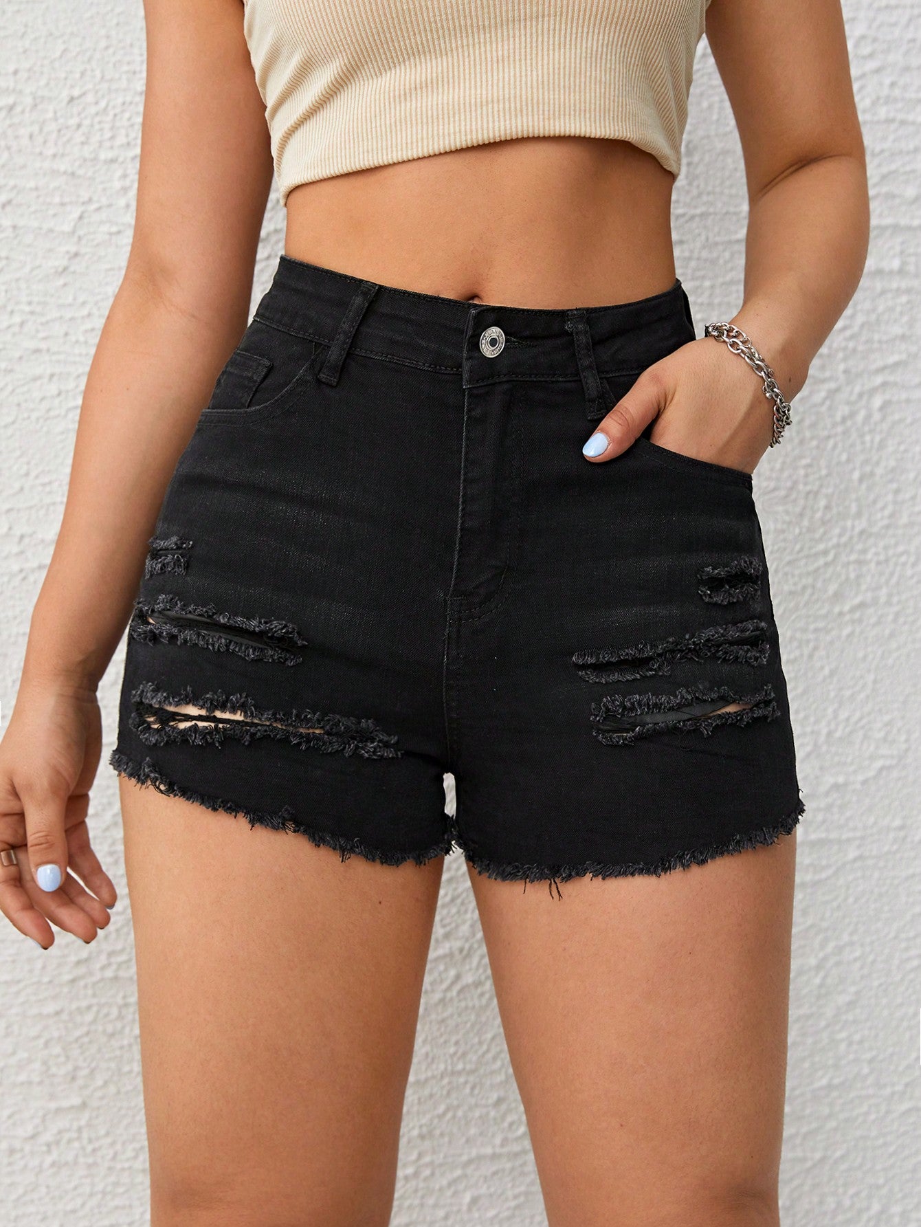 Ripped Raw Hem Denim Shorts