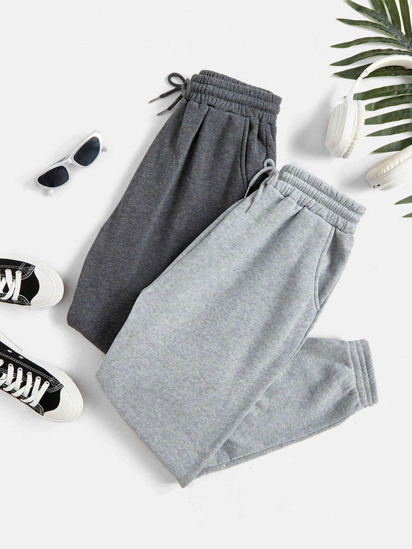 2pcs Solid Drawstring Waist Sweatpants