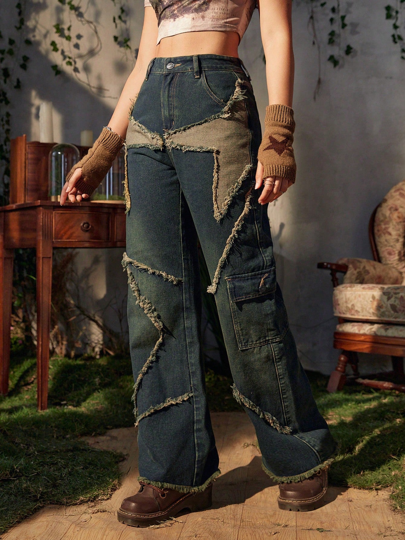 Fairycore Frayed Edge Decor Washed Denim Pants