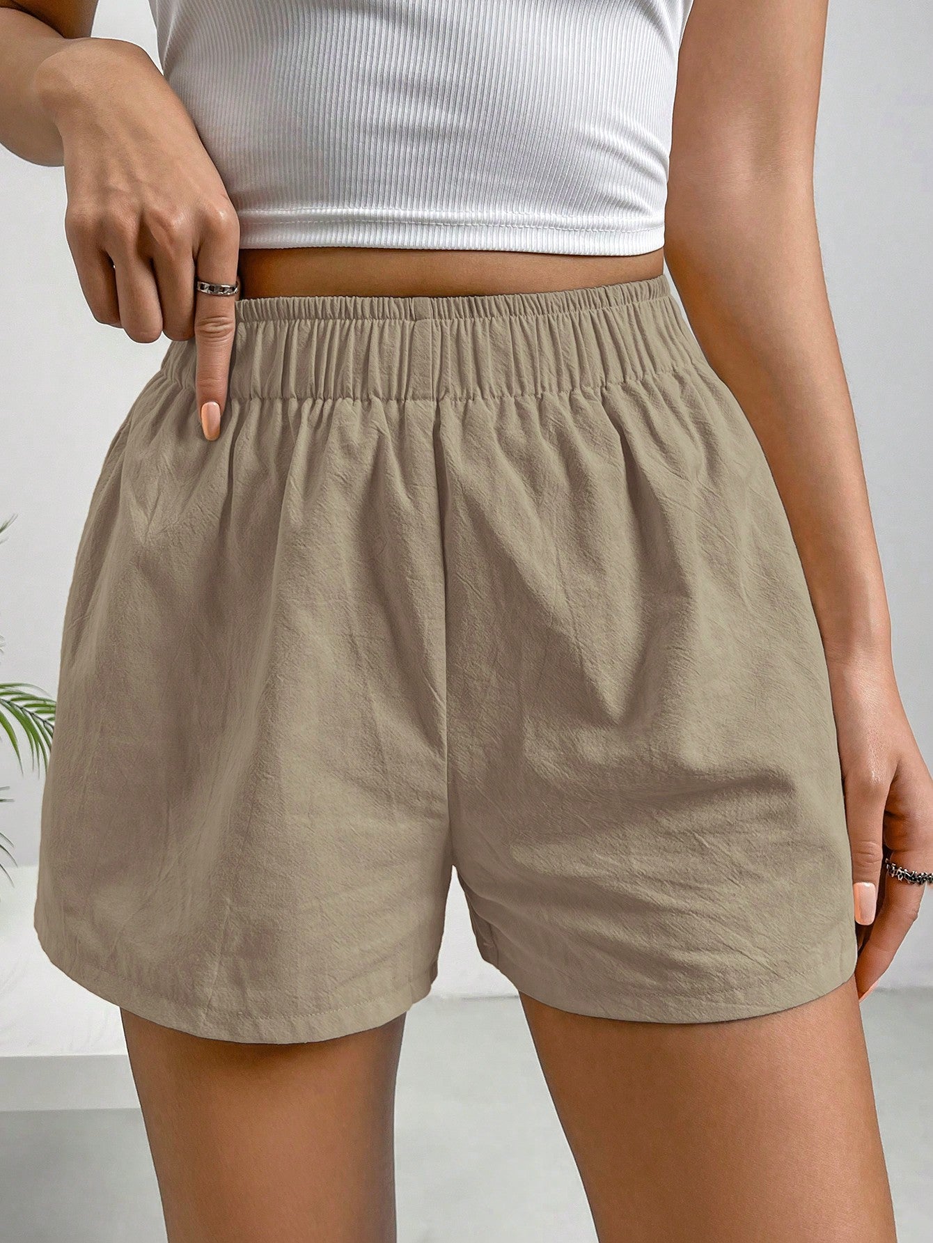 Solid Color Elastic Waist Shorts