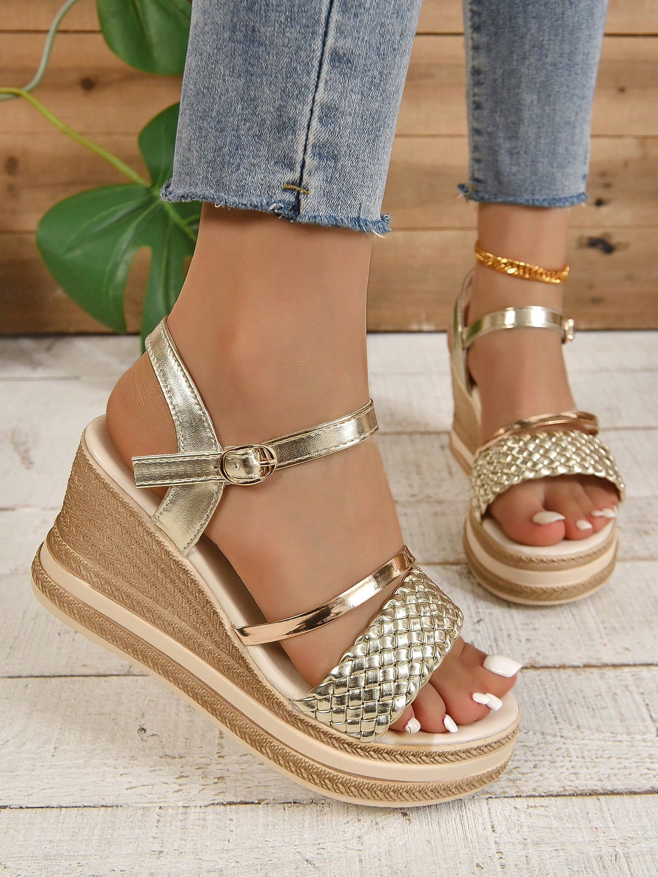 Women's Gold Braided Strap Decorated White Woven Bottom Bohemian Style Wedge Sandals, Youthful Trendy Casual Everyday Versatile, Holiday Walking Comfortable Women's Wedge Sandals