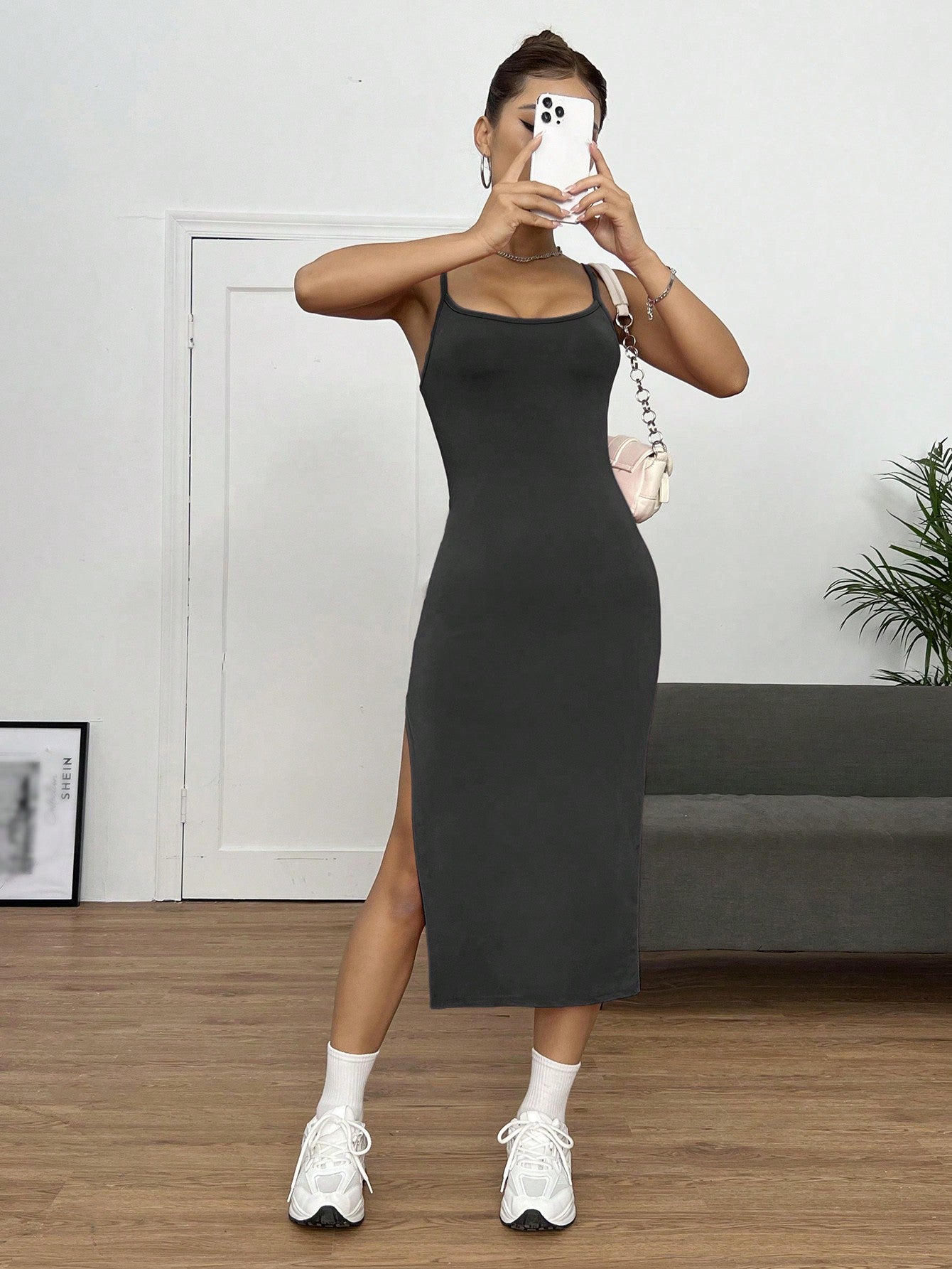 Solid Split Thigh Cami Dress