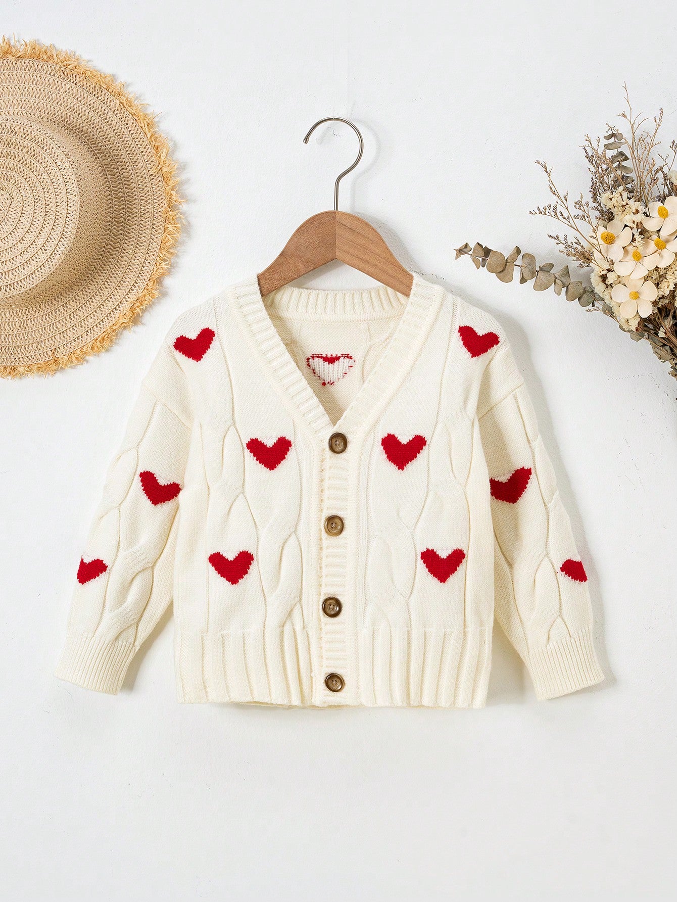 Young Girl Heart Pattern Button Up Cardigan