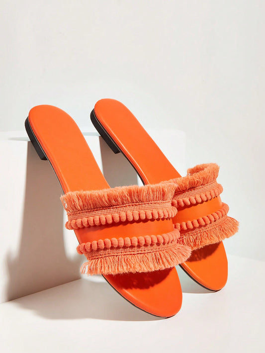 Women Orange Raw Trim Design Flat Sandals, Funky Open Toe Slide Sandals For Summer