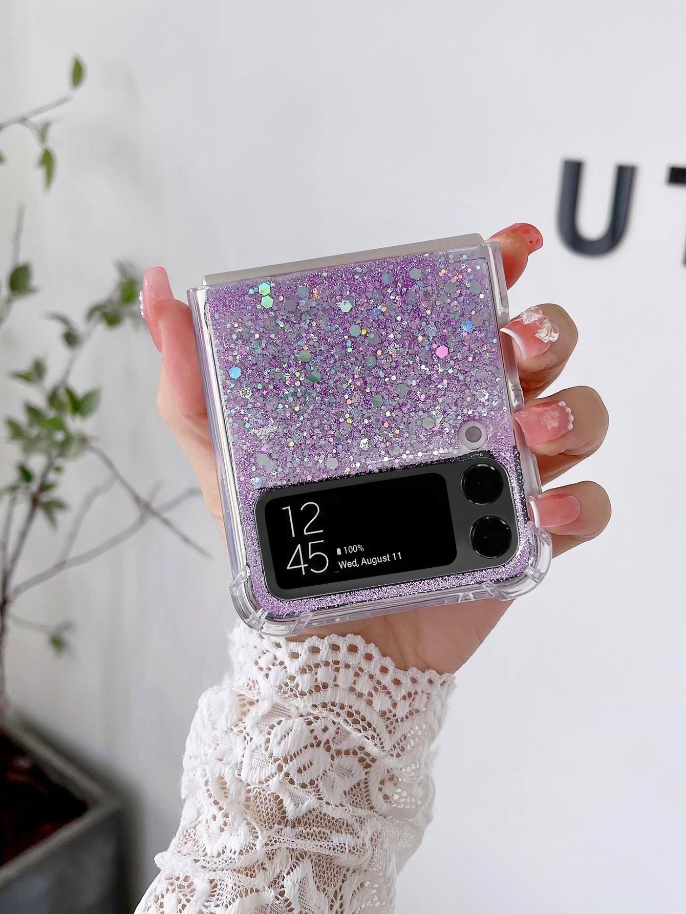 1pc Purple Sparkling Glitter Sequin Coated Soft Gel Case Compatible With Samsung Foldable Phone Zflip3/Zflip4/Zflip5