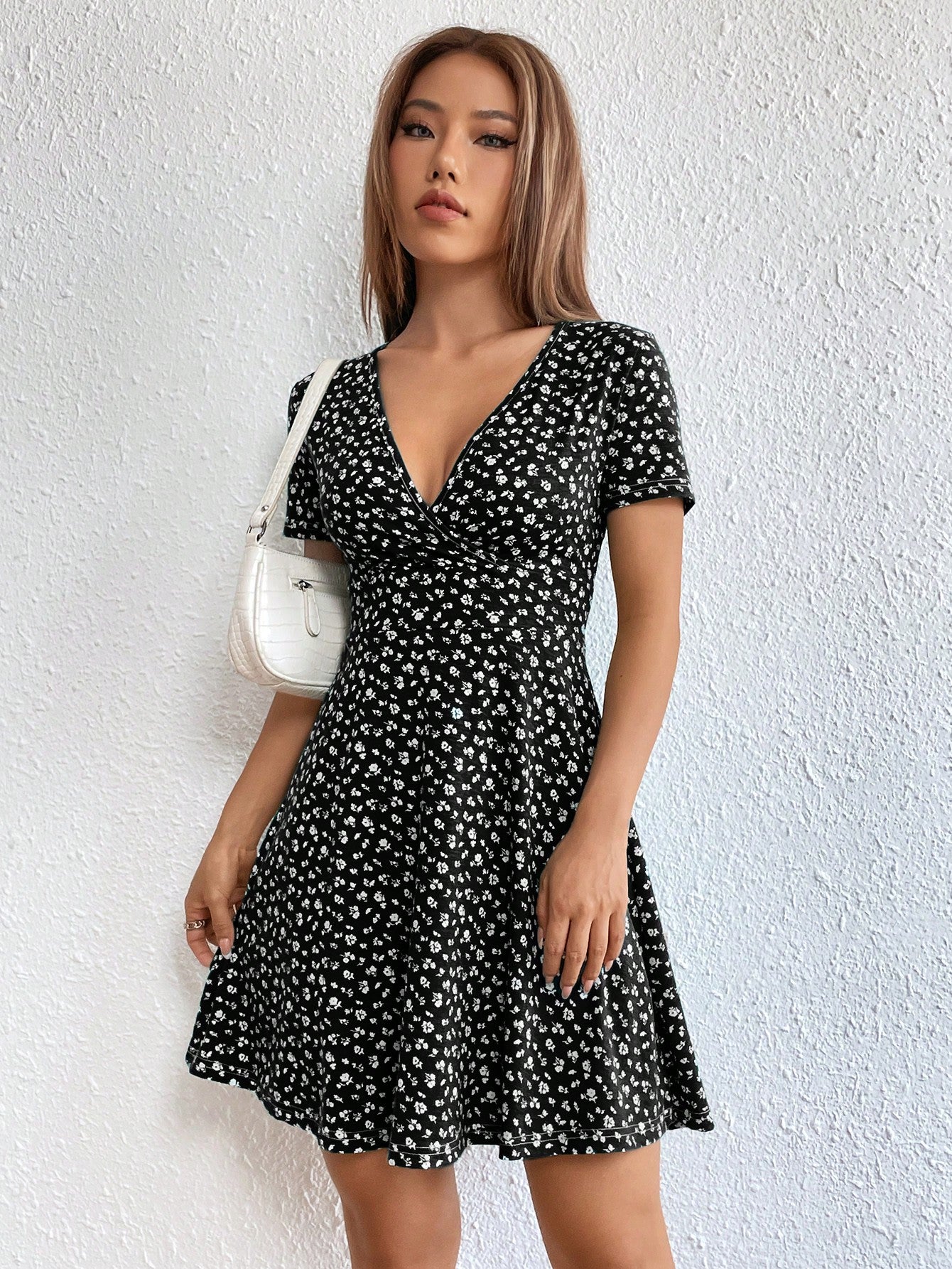 Women Spring/Summer Elegant Wrap Heart Polka Dot Print V-Neck Short Sleeve Dress