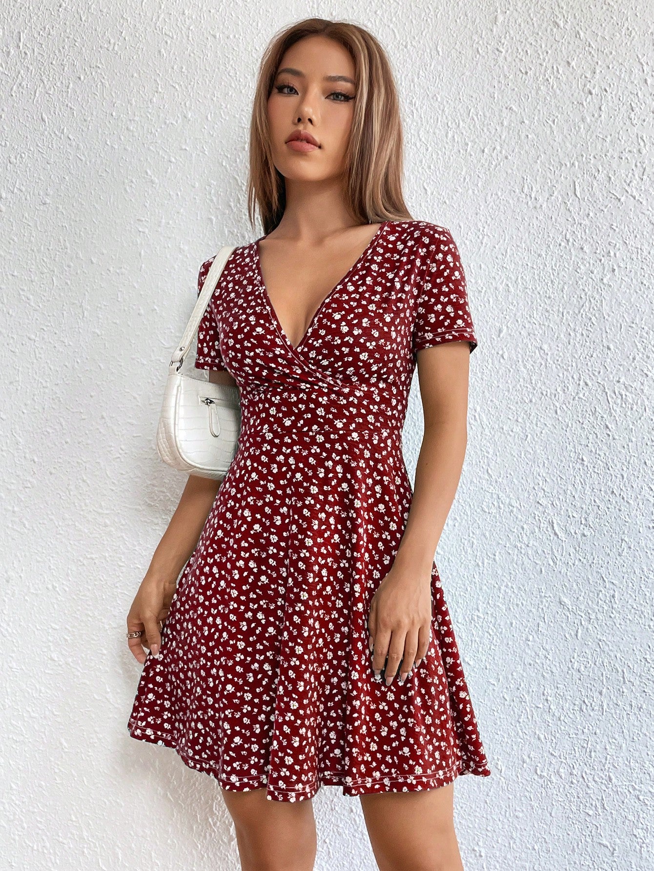 Women Spring/Summer Elegant Wrap Heart Polka Dot Print V-Neck Short Sleeve Dress