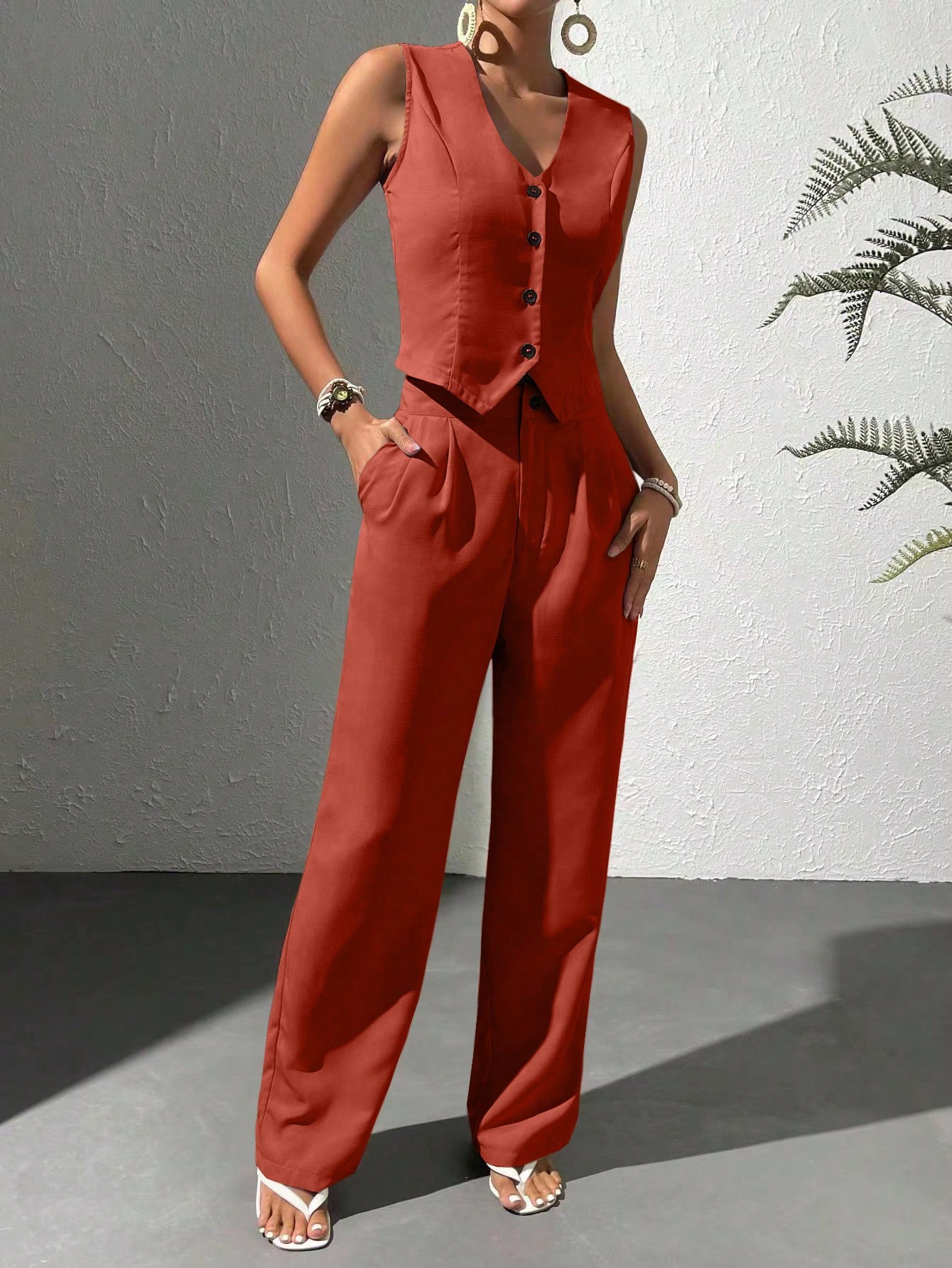 Women's Summer Solid Color Single Breasted Suit Vest And Pants Casual Work Outfit