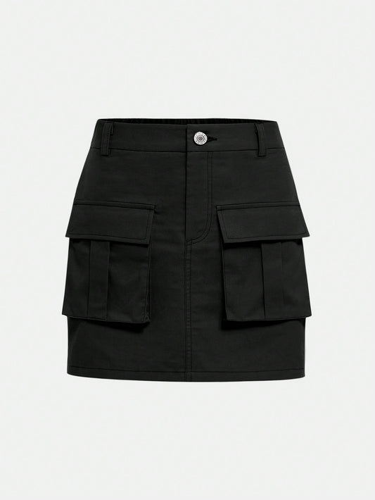 Woven Casual Teenage Girl Skirt, Flip Pocket Work Skirt