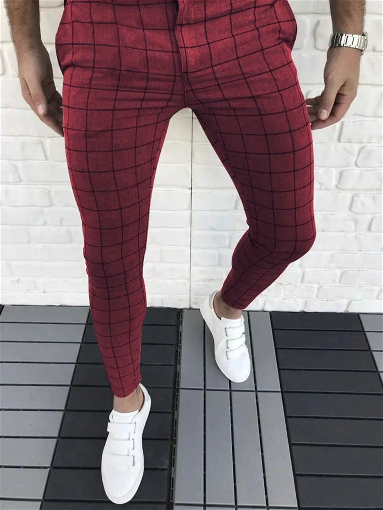 Men Plaid Print Slant Pocket Suit Pants