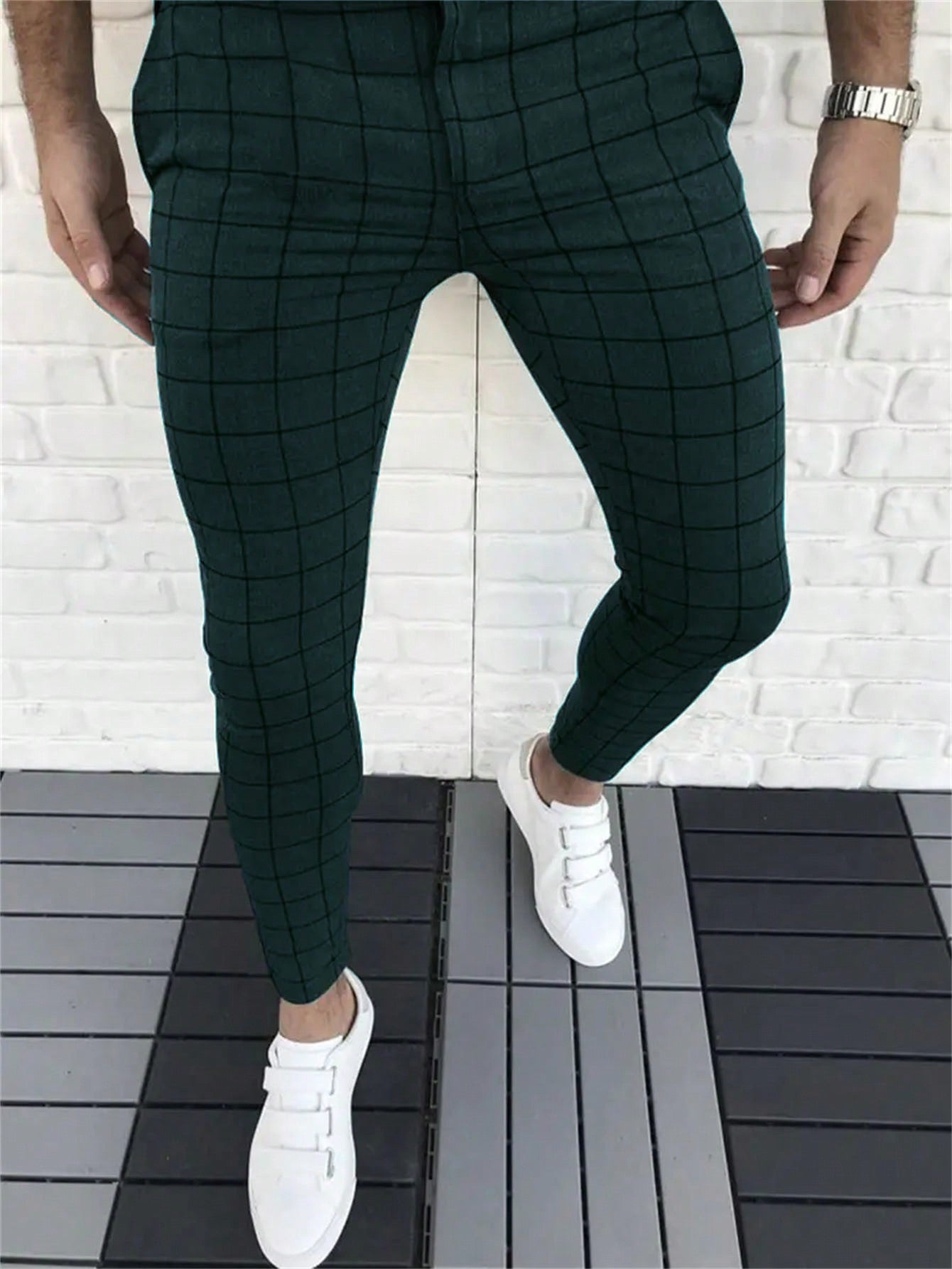 Men Plaid Print Slant Pocket Suit Pants