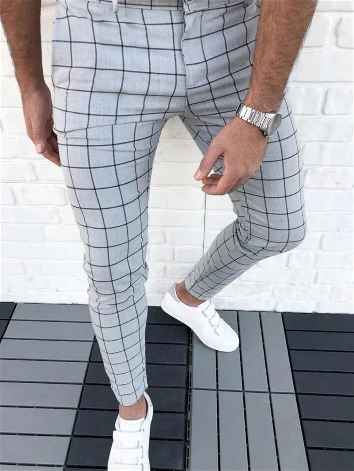 Men Plaid Print Slant Pocket Suit Pants