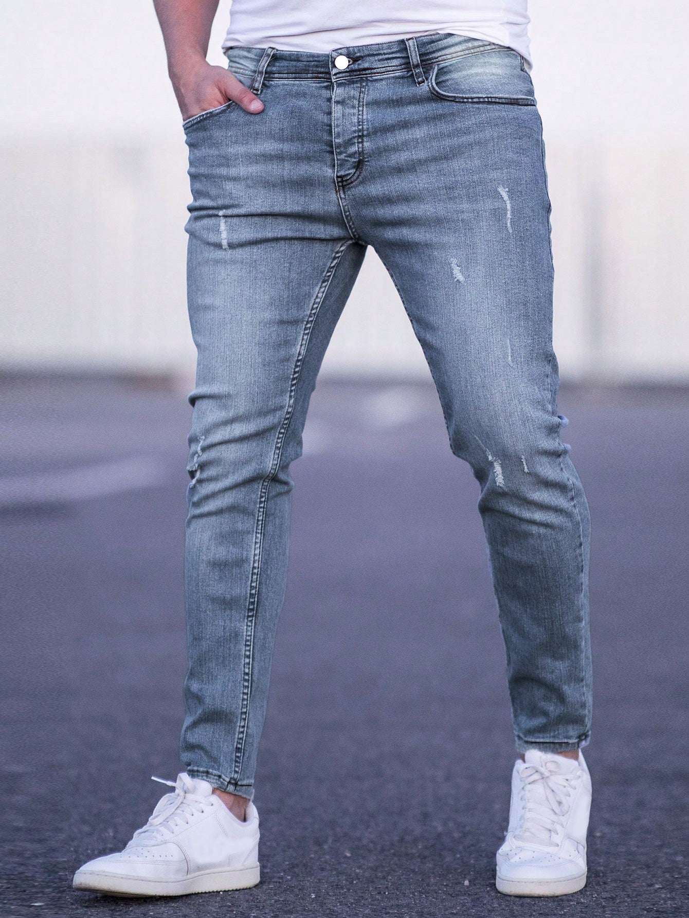 Men Bleach Wash Cat Scratch Skinny Jeans