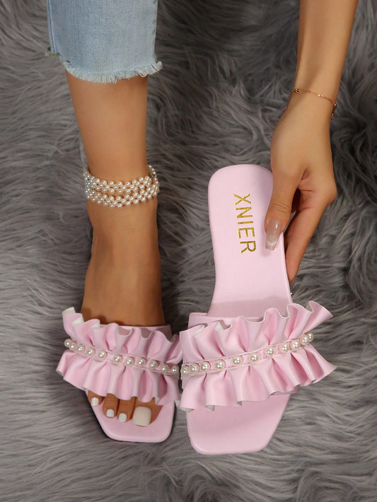 Women Faux Pearl Decor Ruched Design Single Band Flat Sandals, Fashion Open Toe Slide Sandals For Summer