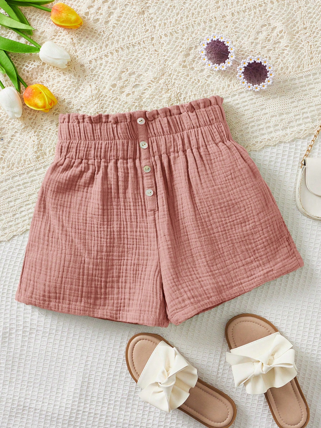 Tween Girl Solid Color Loose Fit Shorts With Ruffle Hem And Button Decoration On The Front Waistband, Perfect For Vacations