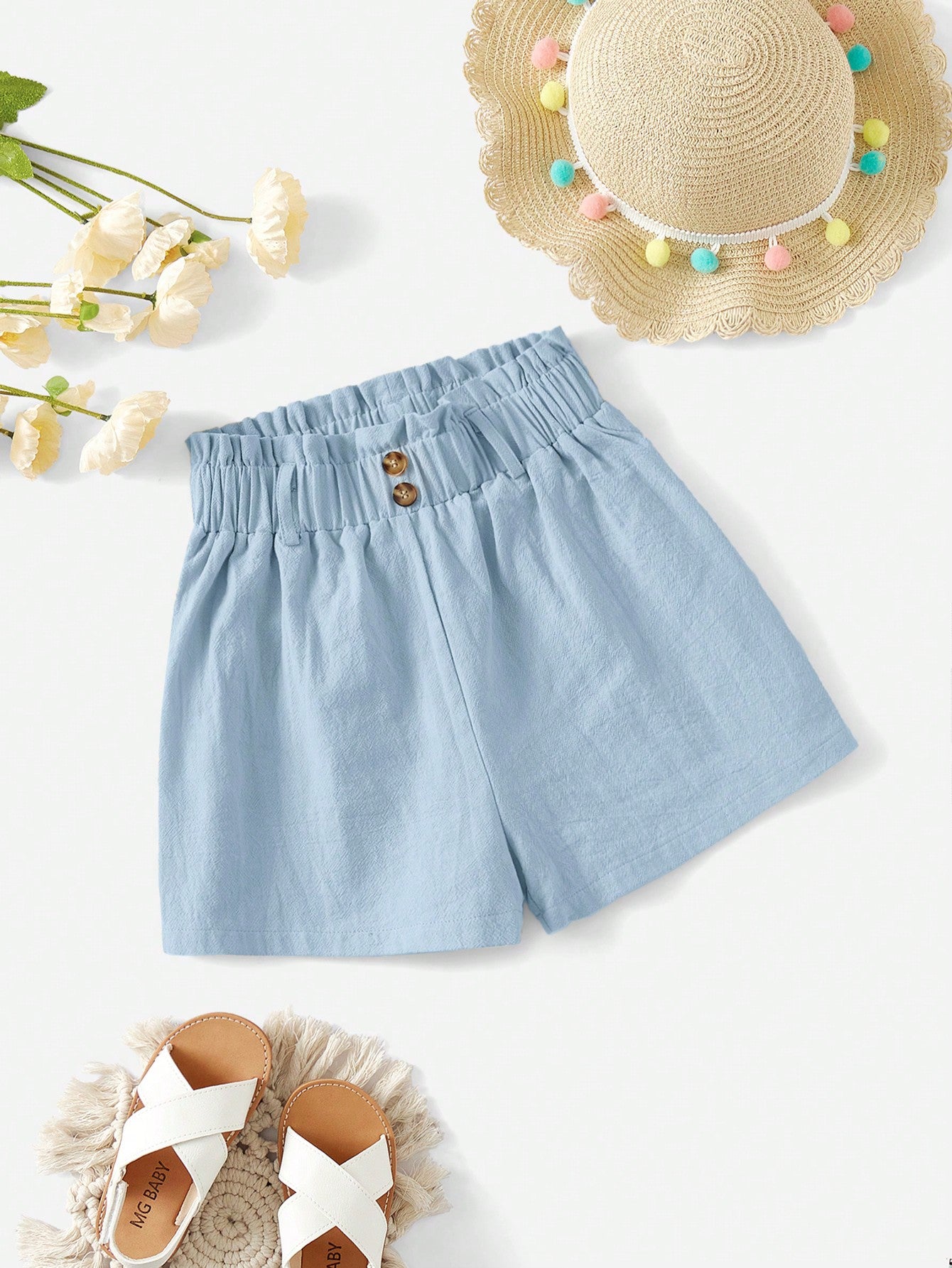 Tween Girl Solid Color Casual Shorts With Paper Bag Waist And Button Detail