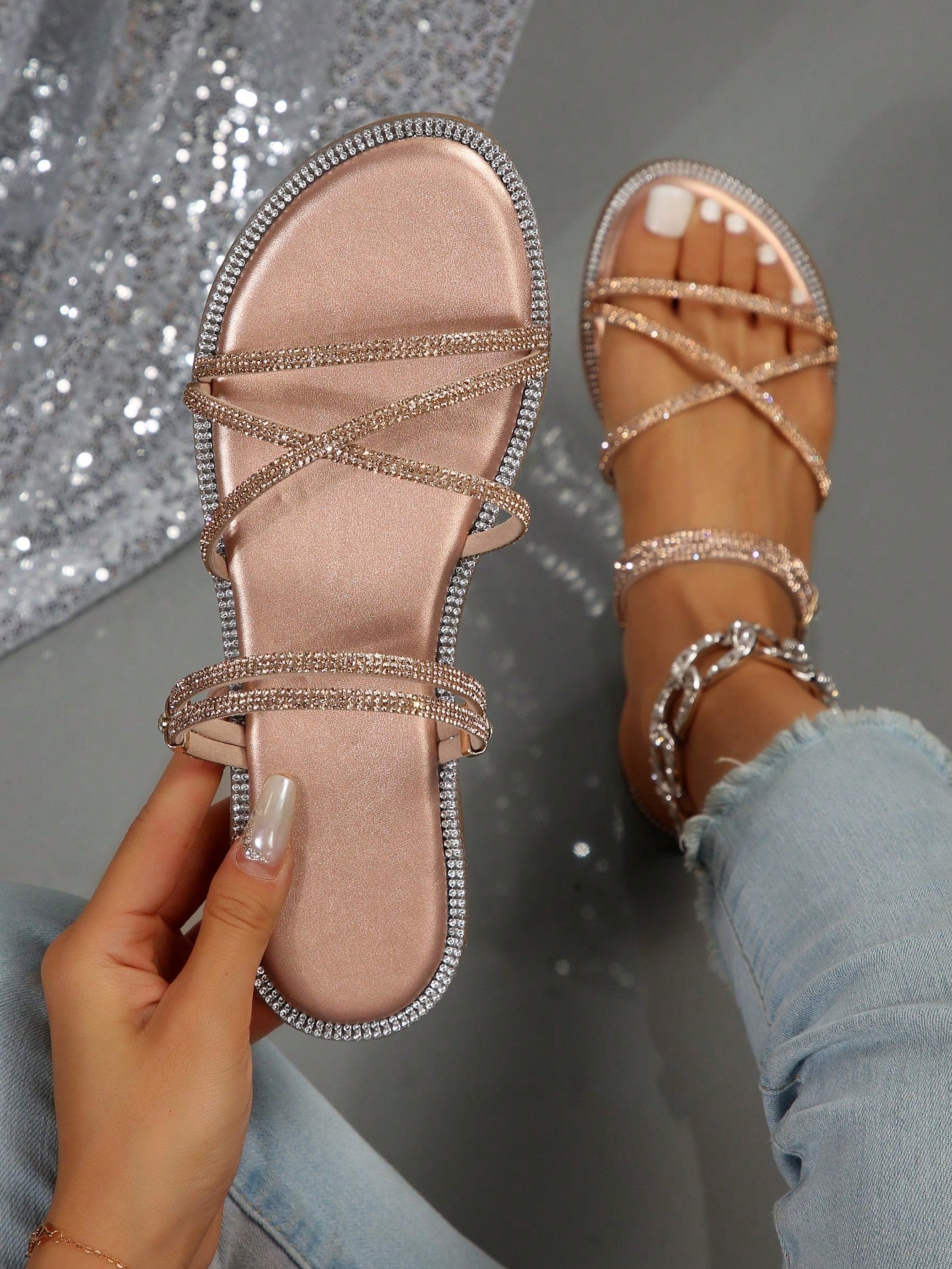 Crossed Thin Strap Flat Sandals With Glass Rhinestones, Chic And Casual For Two Ways