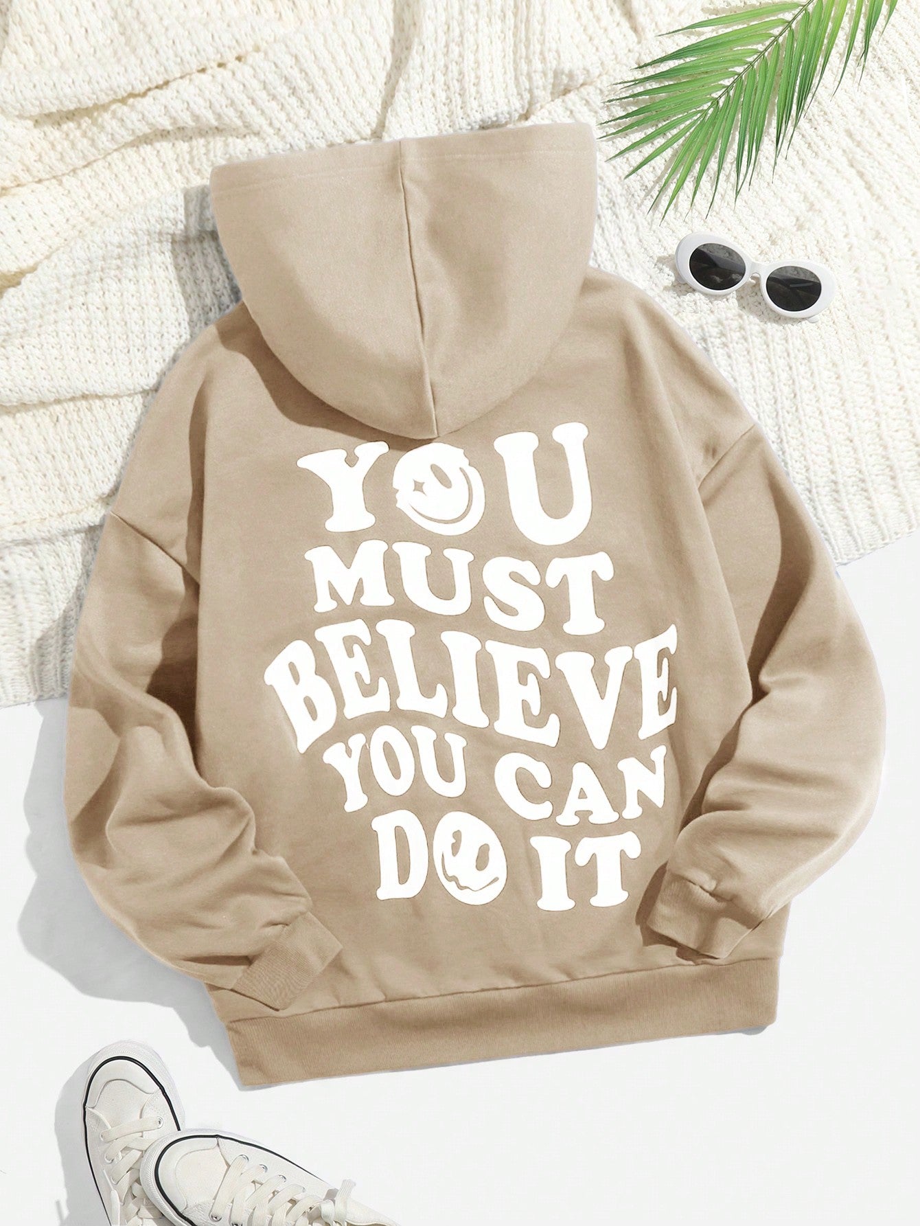 Summer Outfits Slogan Graphic Drop Shoulder Drawstring Thermal Hoodie YOU MUST BELIEVE YOU CAN DO IT