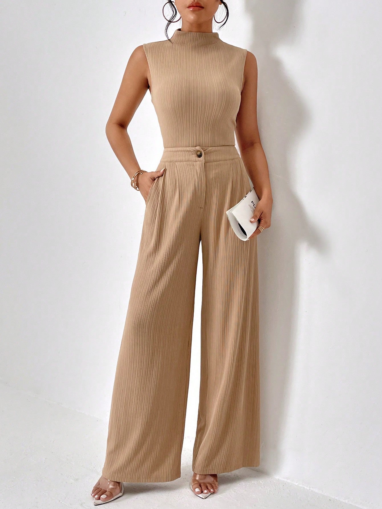 Women's Stand Collar Vest And Wide Leg Pants Set