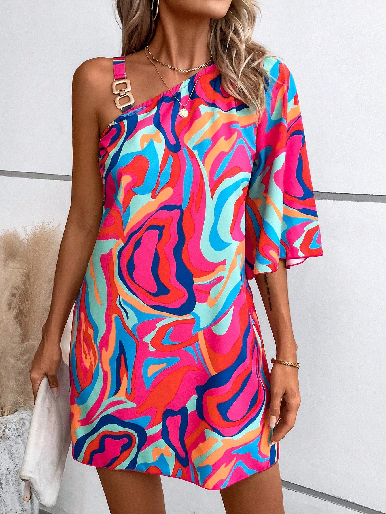 Ladies Stylish Colorful Printed Oblique Shoulder Dress