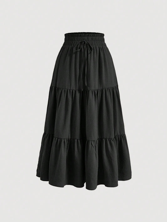 Solid Drawstring Waist Ruffle Hem Skirt