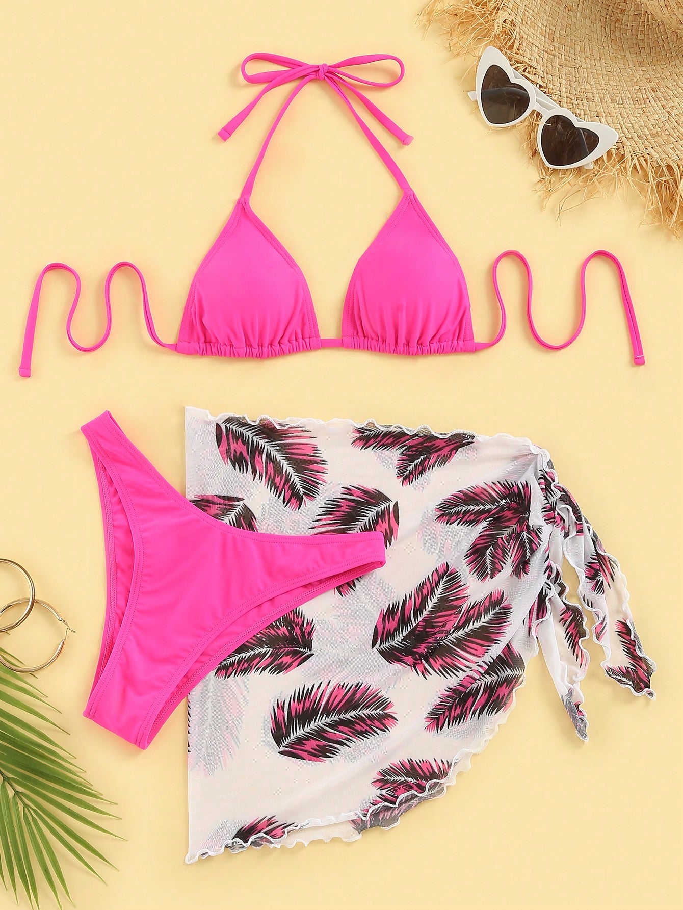 Swim Summer Beach Leaf Print Bikini Set Halter Triangle Bra & High Cut Bottom & Cover Up Skirt 3 Piece Bathing