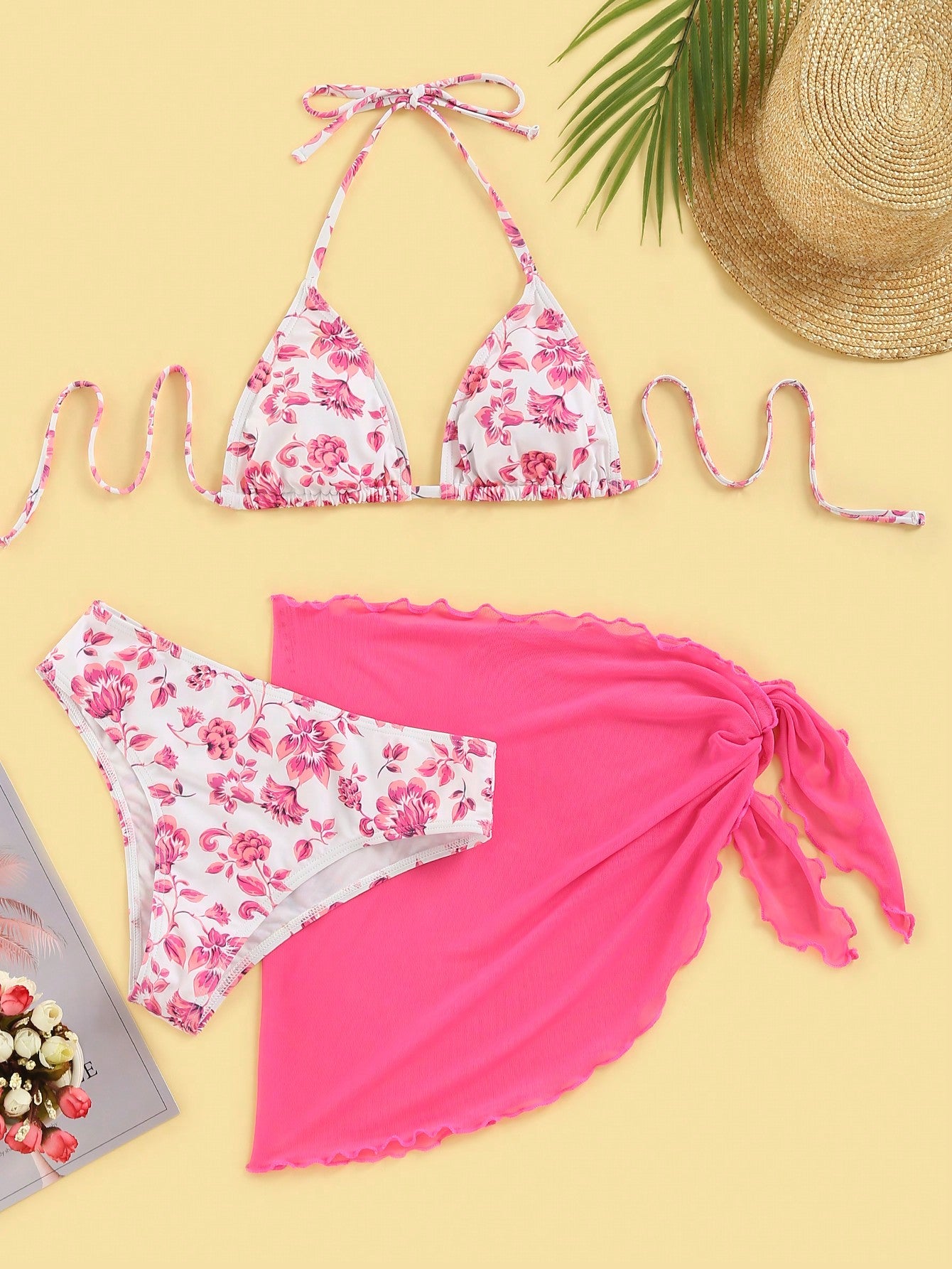 Summer Beach Women's Vacation Floral Print Halter Neck Tie Sexy Bikini Set With Cover-Up Skirt , Random Printed, 3pcs
