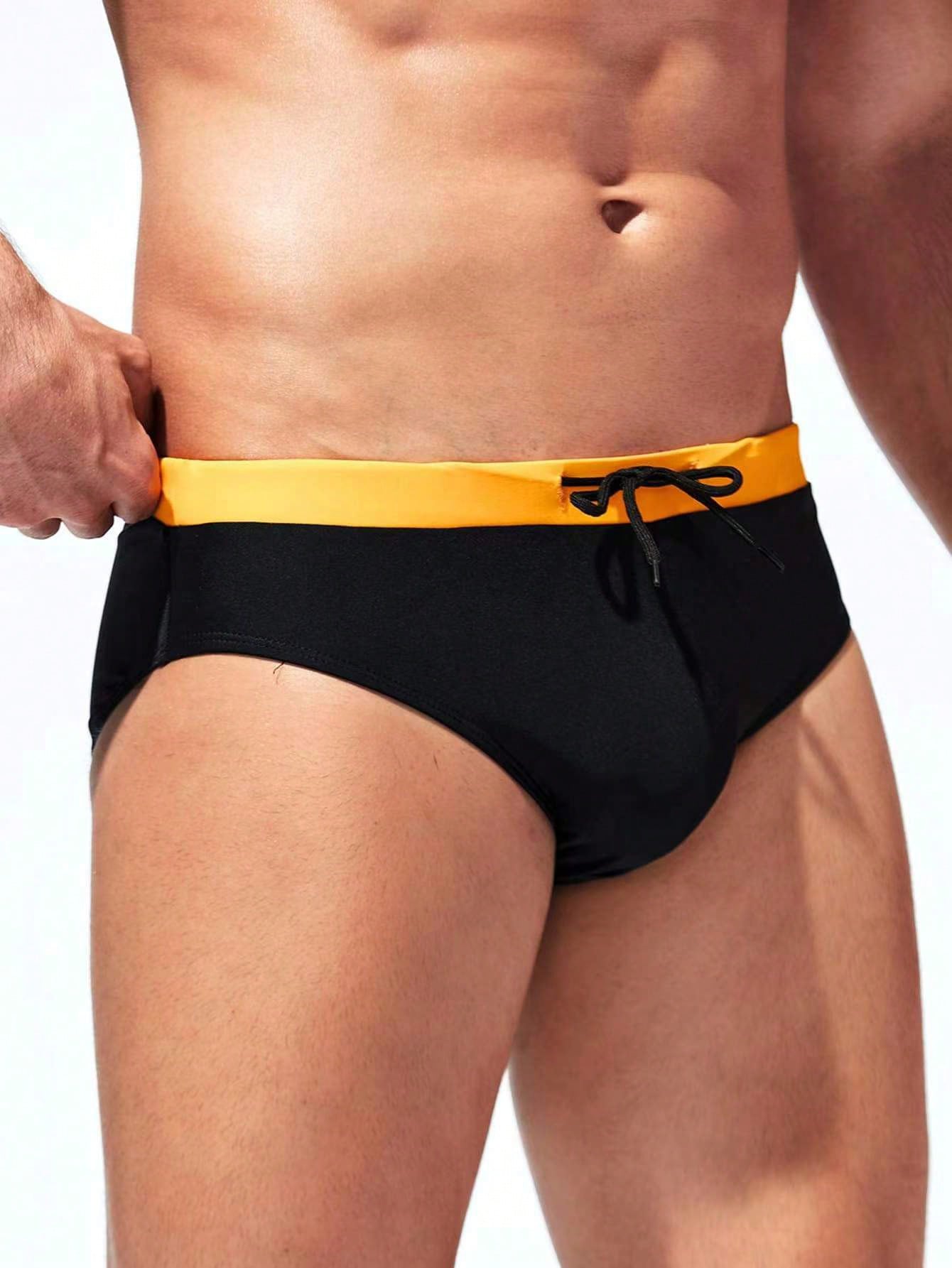 Men Color Block Drawstring Waist Swim Brief