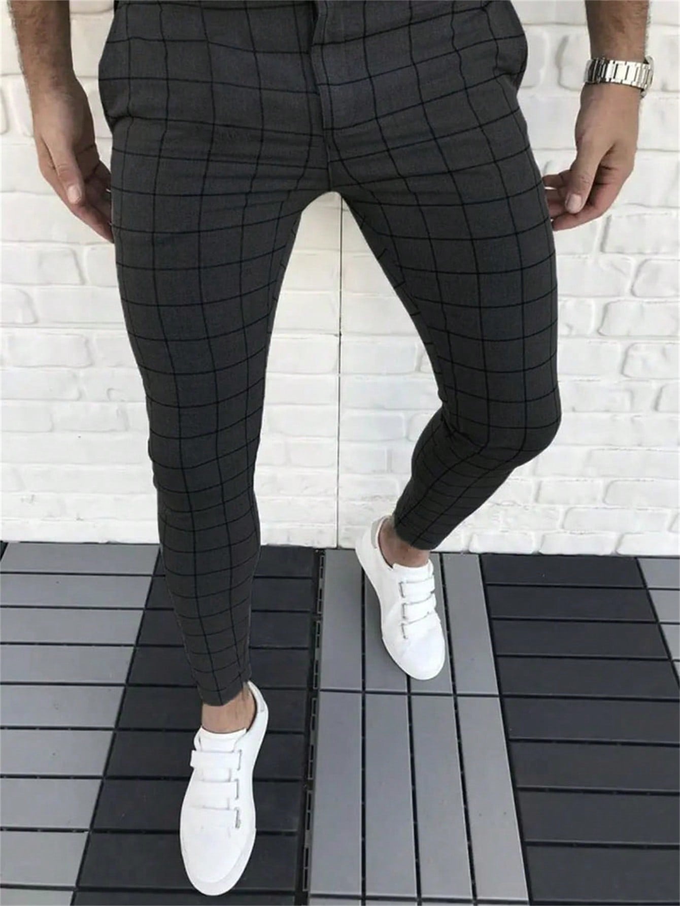 Men Plaid Print Slant Pocket Suit Pants