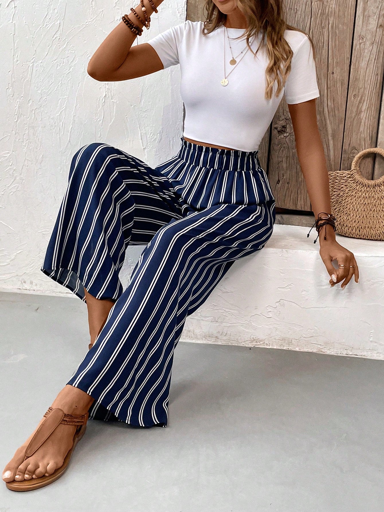 Women's Comfortable Elastic Waist Wide-Leg Pants With Side Stripes And Printed Pattern Decoration Festival Outfits 4th Of July Outfits Striped Pants.