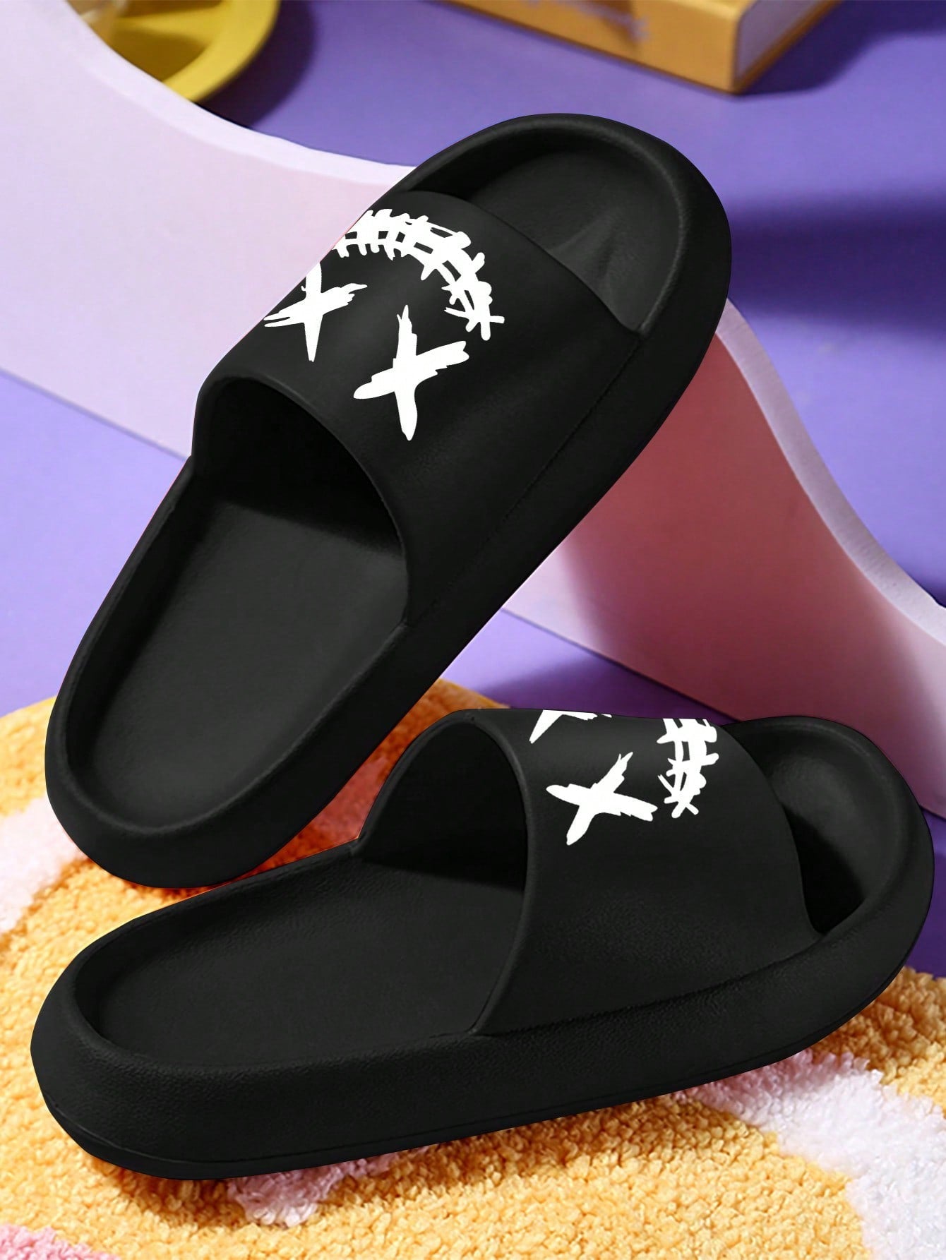 Women Graphic Print Single Band Slides, Cool Outdoor EVA Slides