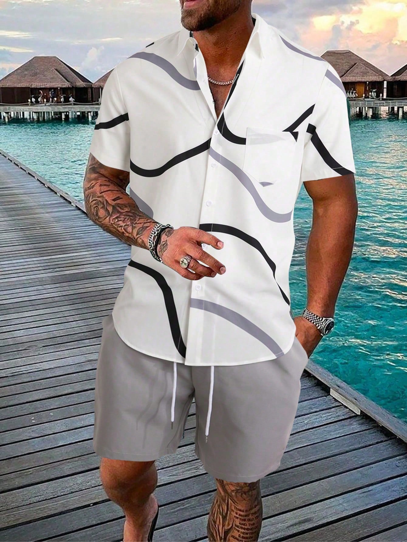 Men Graphic Print Shirt & Shorts Set