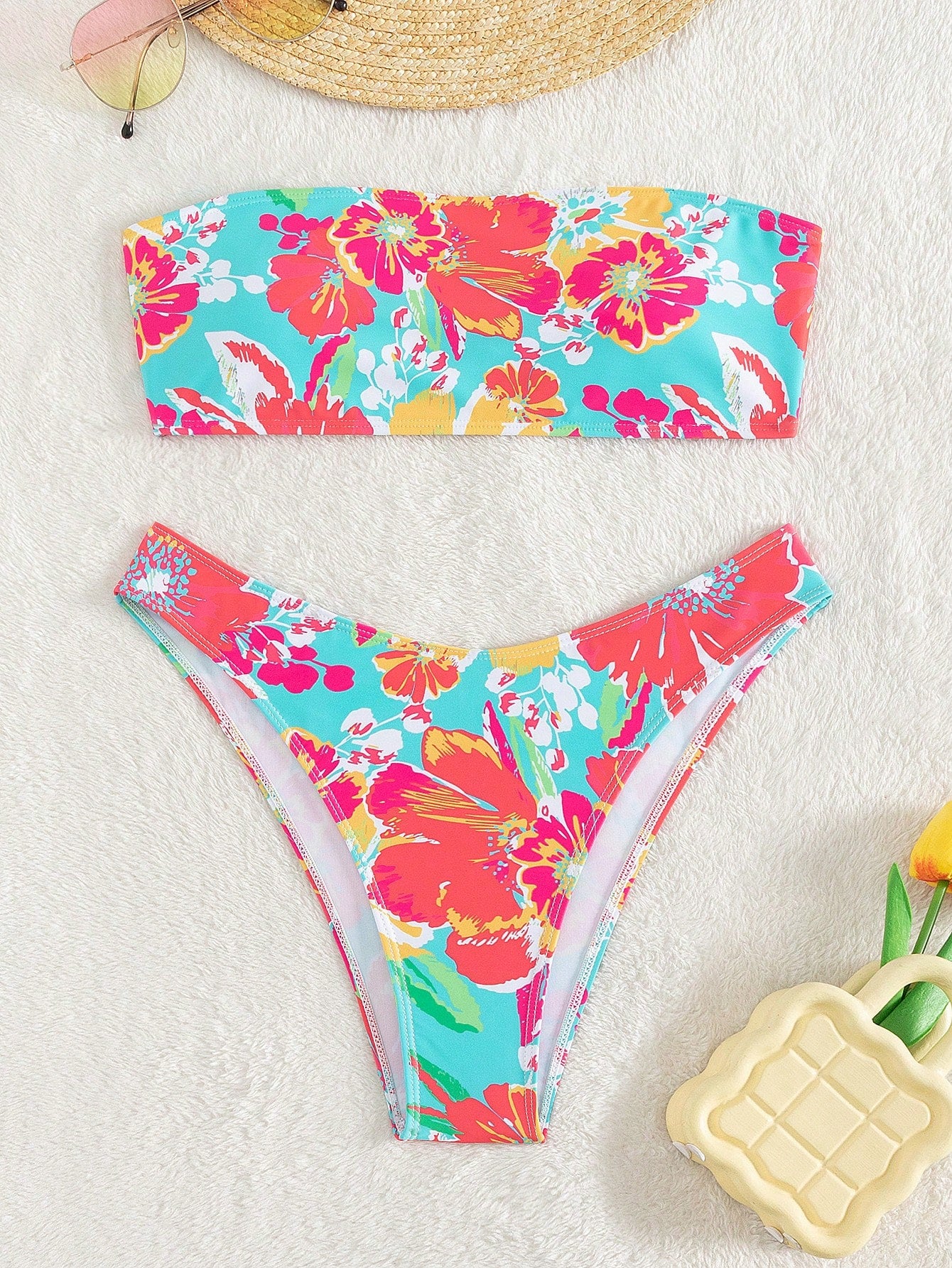 Swim Summer Beach Floral Print Bandeau Bikini Set