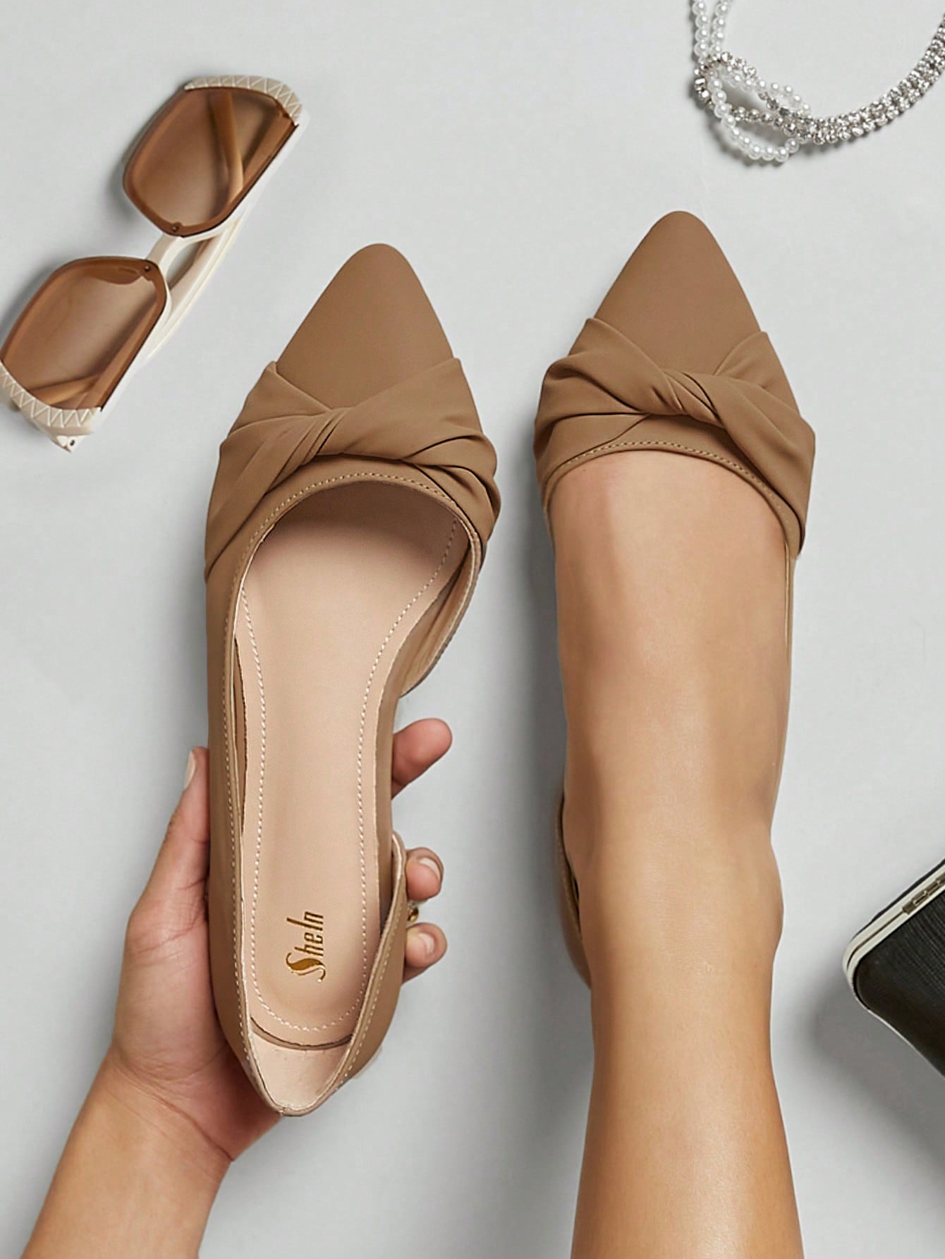 Pointy Toe Twist Detail Slip On Ballet Flats